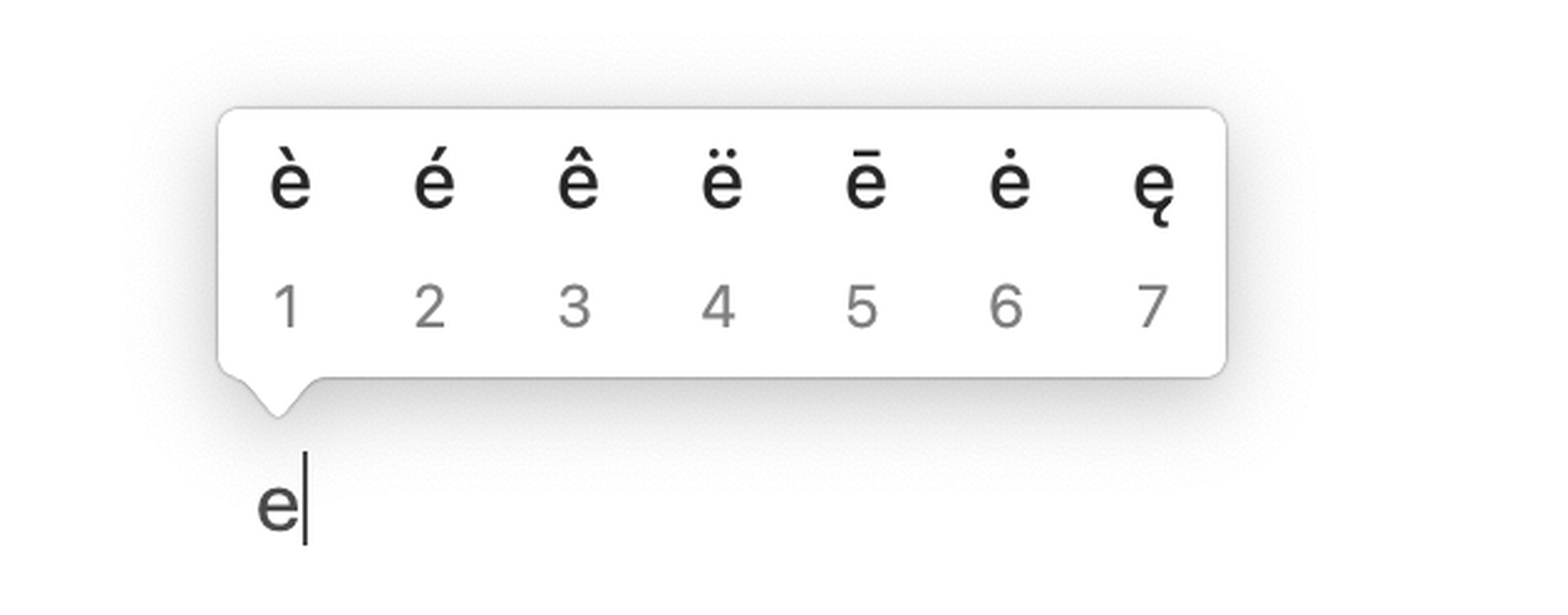 If you hold down the “e” key, all the available diacritical marks will appear with numbers.