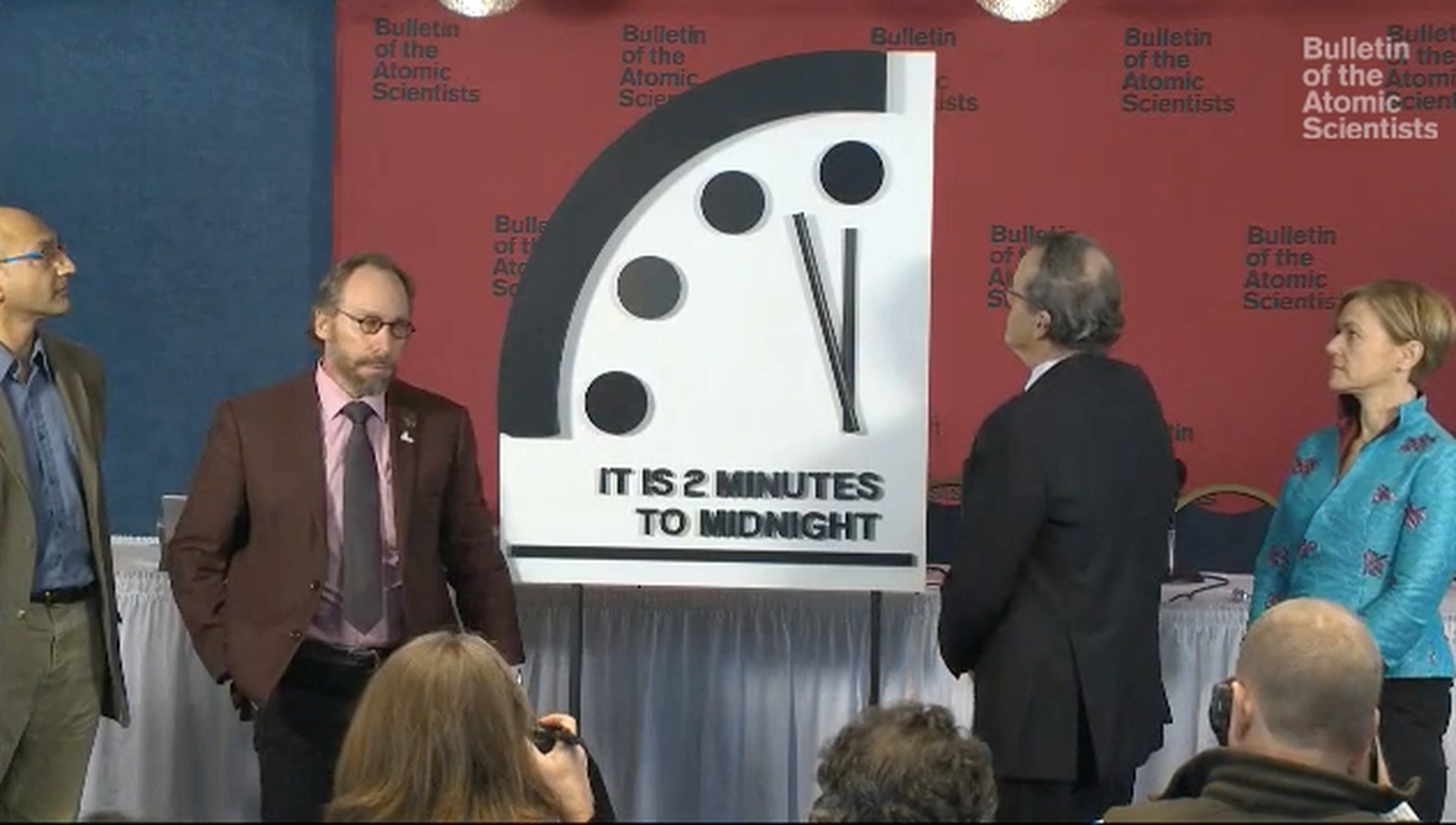 Physicists Lawrence Krauss and Robert Rosner of the Bulletin of the Atomic Scientists move the Doomsday Clock to 2 minutes to midnight.  
