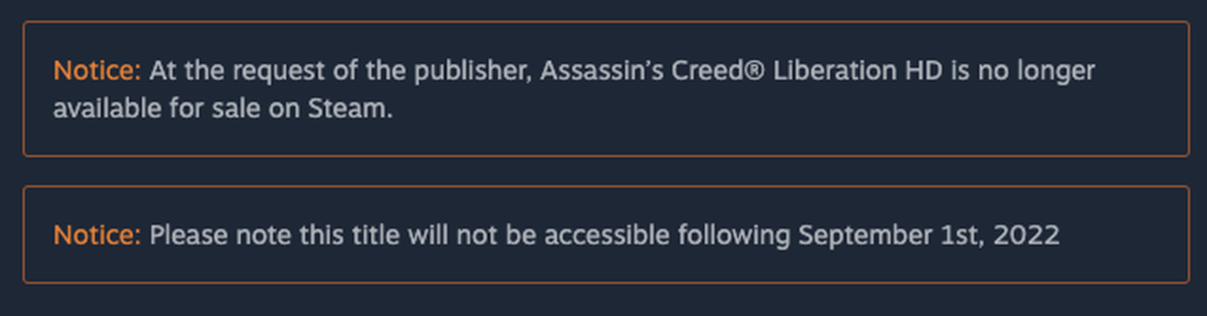 The notices on Assassin’s Creed Liberation HD’s Steam page. 