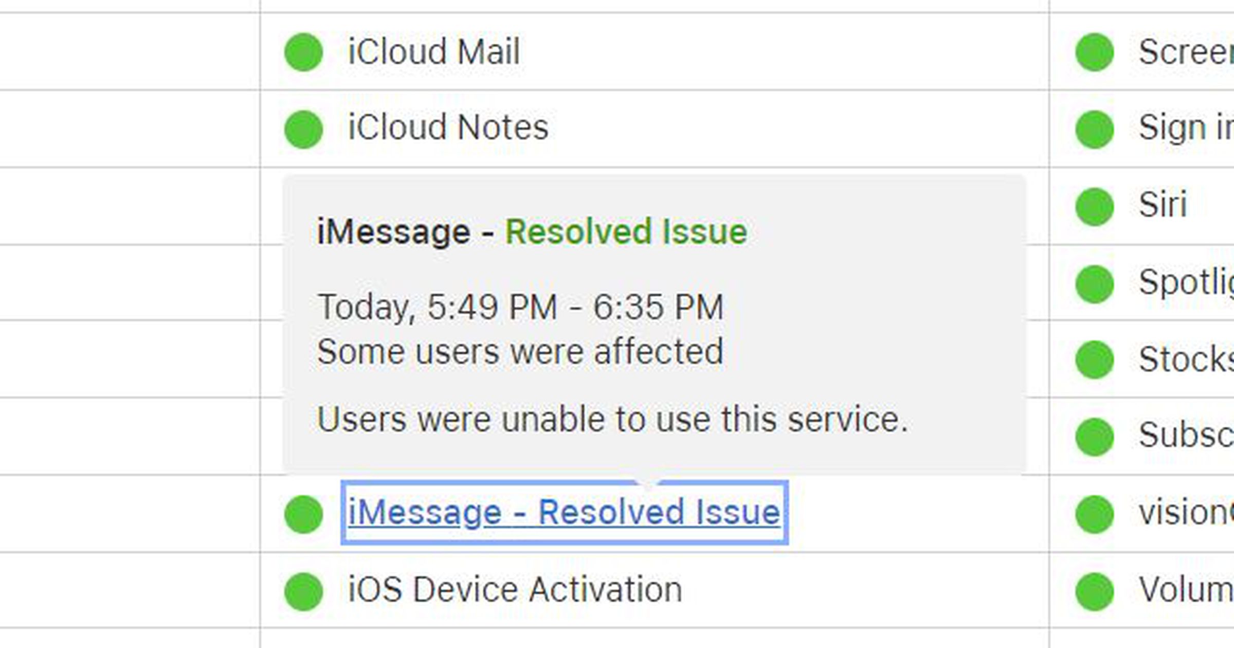 A screenshot of the Apple system status message confirming a now-resolved iMessage issue.