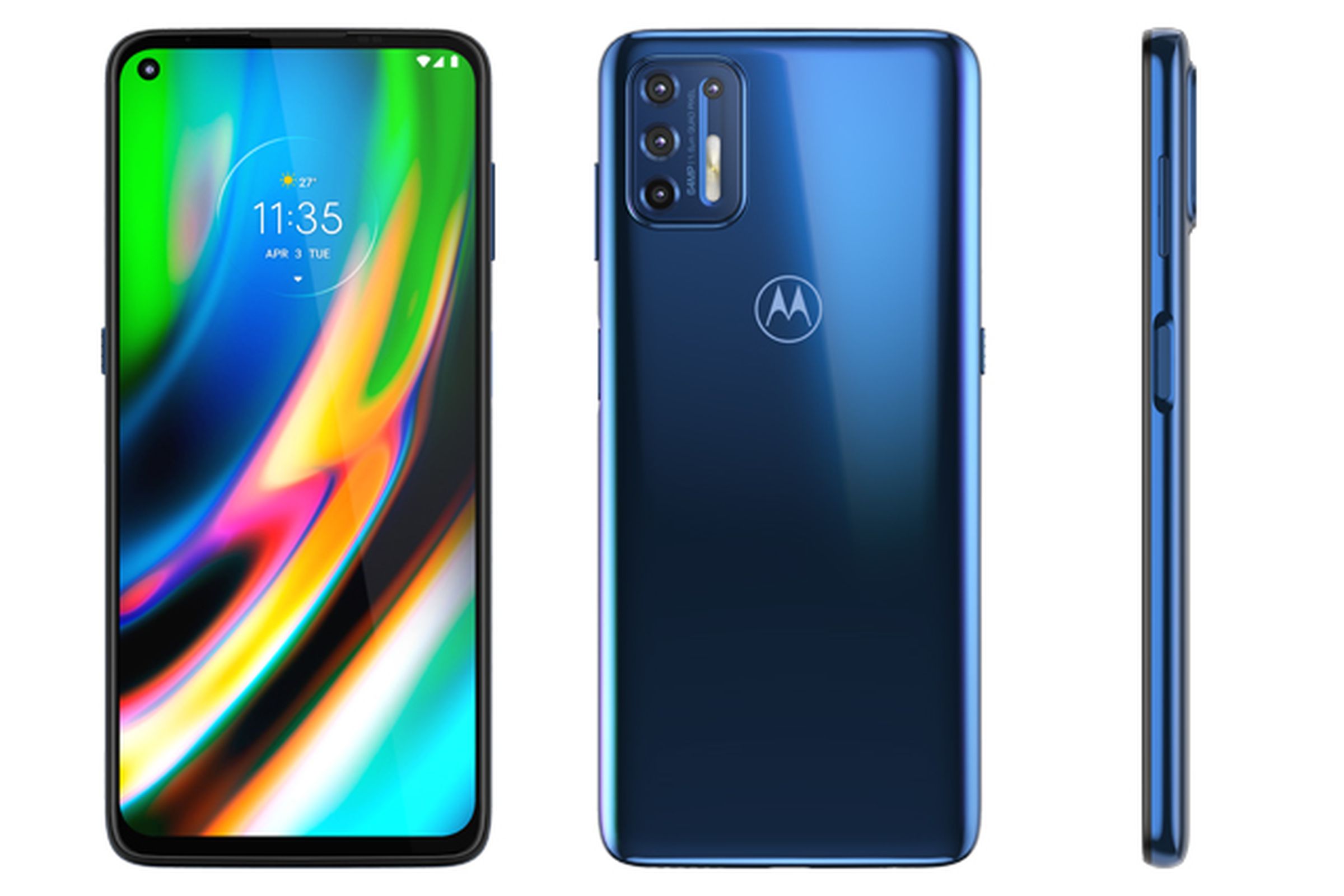 The Moto G9 Plus is shown with four rear cameras and a hole-punch display notch.