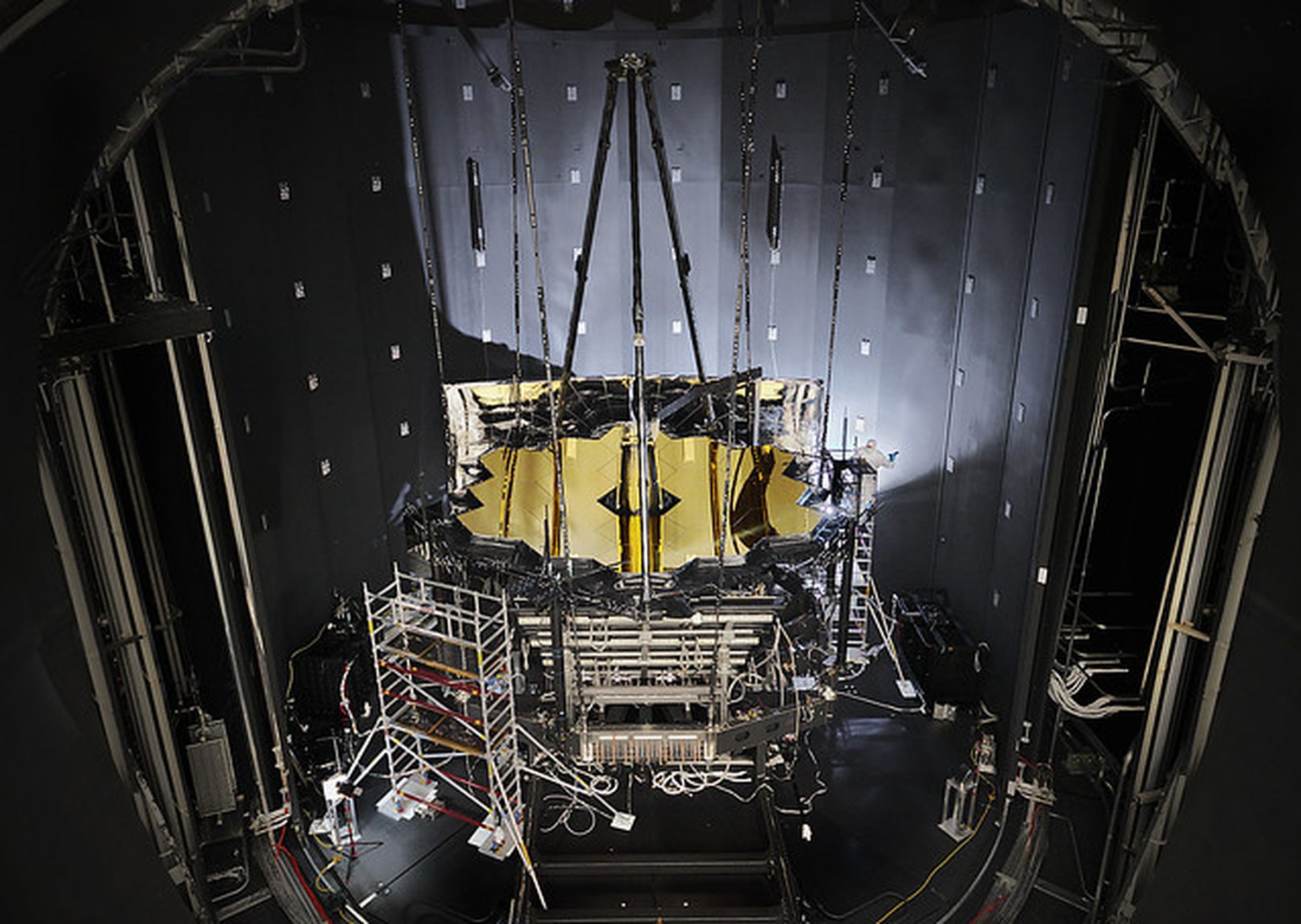 JWST with its struts during cryogenic testing on Earth.