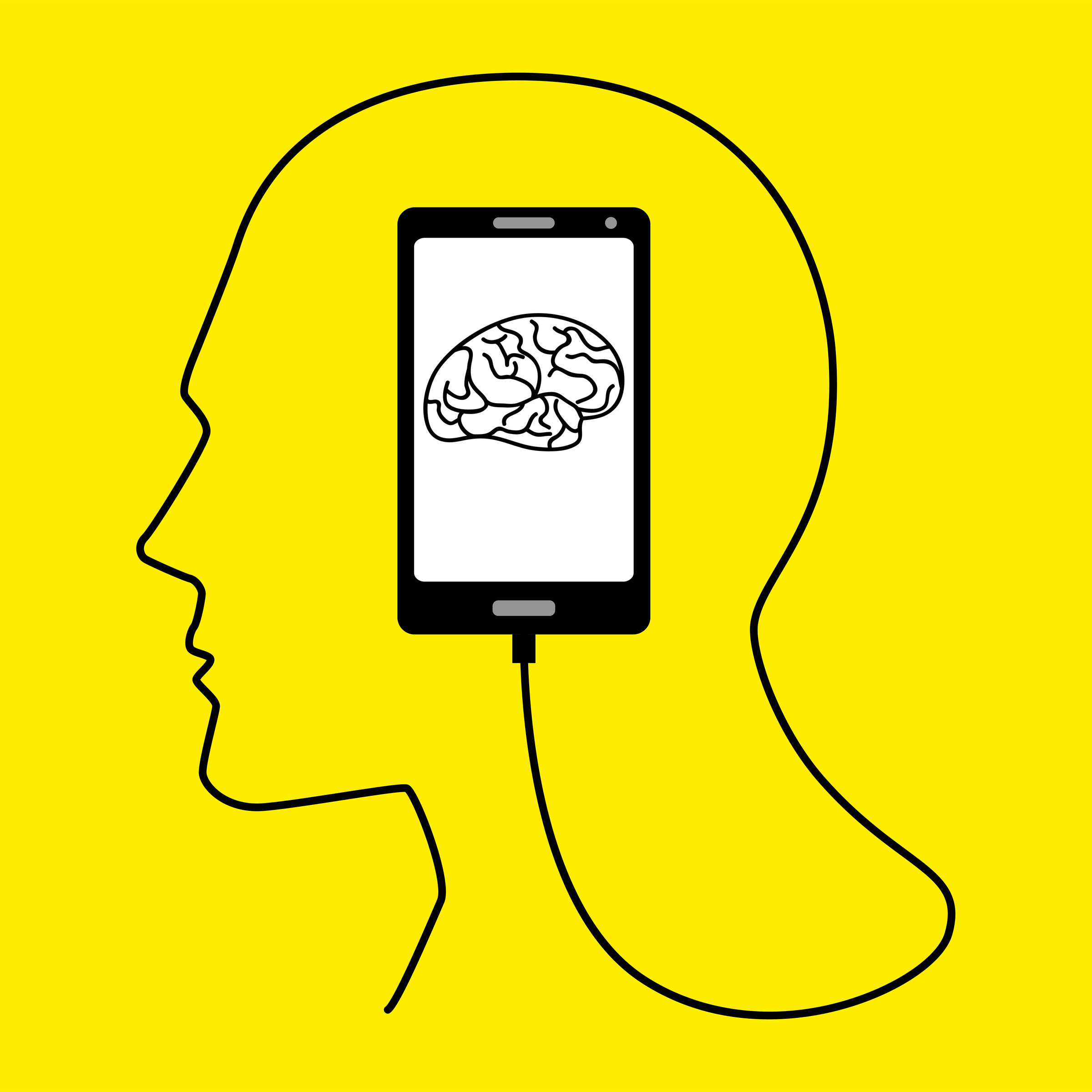A phone with an image of a brain. A cord is plugged into the phone making the outline of a head on a yellow background. 