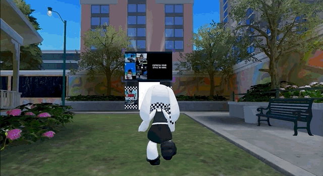 GIF shows a Roblox player entering a branded portal ad for Vans shoes. On the other side is a skate park.