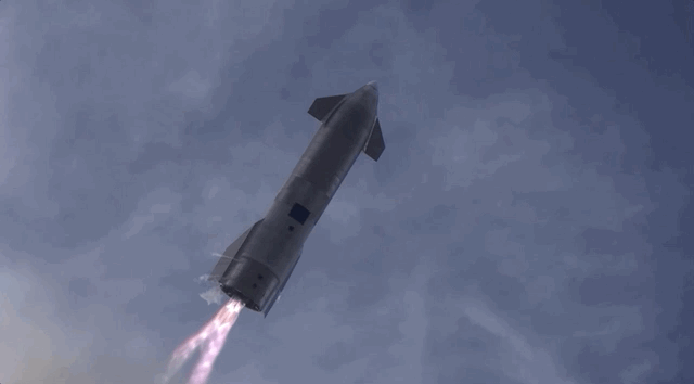 A Starship prototype in March carries out its complex landing-flip maneuver before attempting to land — a technique similar to how it would land off the coast of Hawaii.