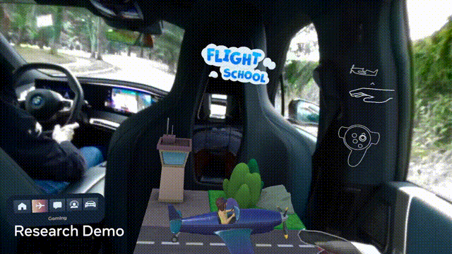 Animated GIF showing a person riding in a car seeing an image of a plane projected in front of them virtually, and interacting with the plane in a demo game while looking out of the window.