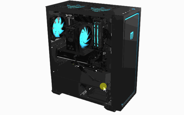 I spin around a rendered version of the case in 3D, like a video game, with all its components and cables inside.