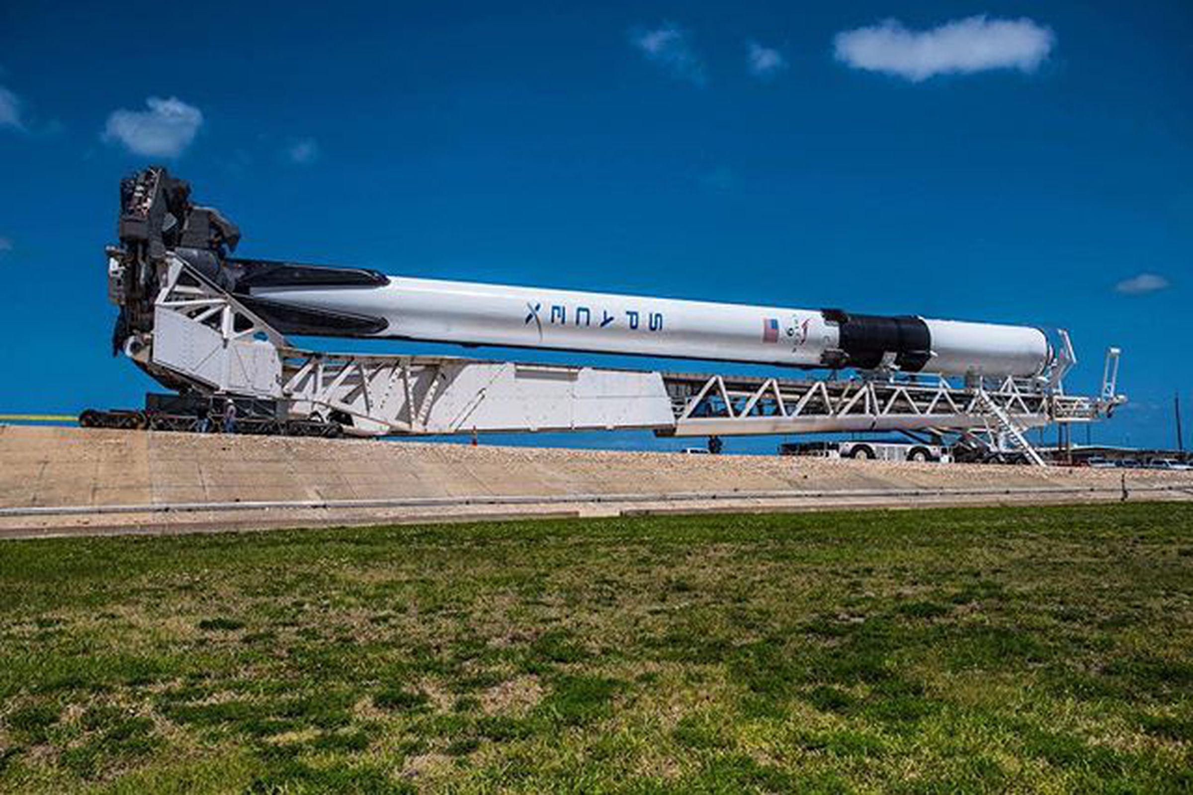 SpaceX’s Block 5 Falcon 9 rolling out to its launchpad.