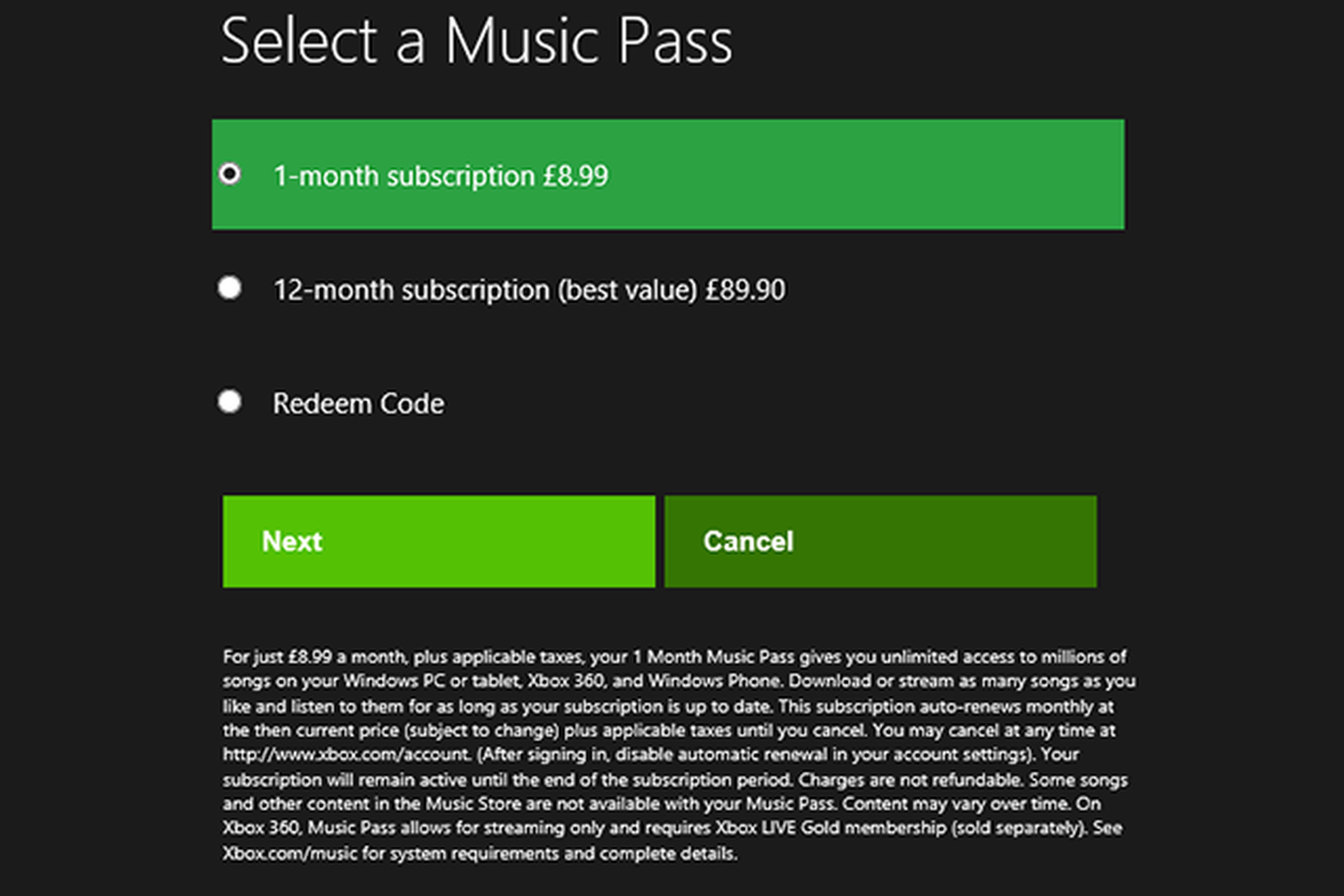 Xbox Music Pricing