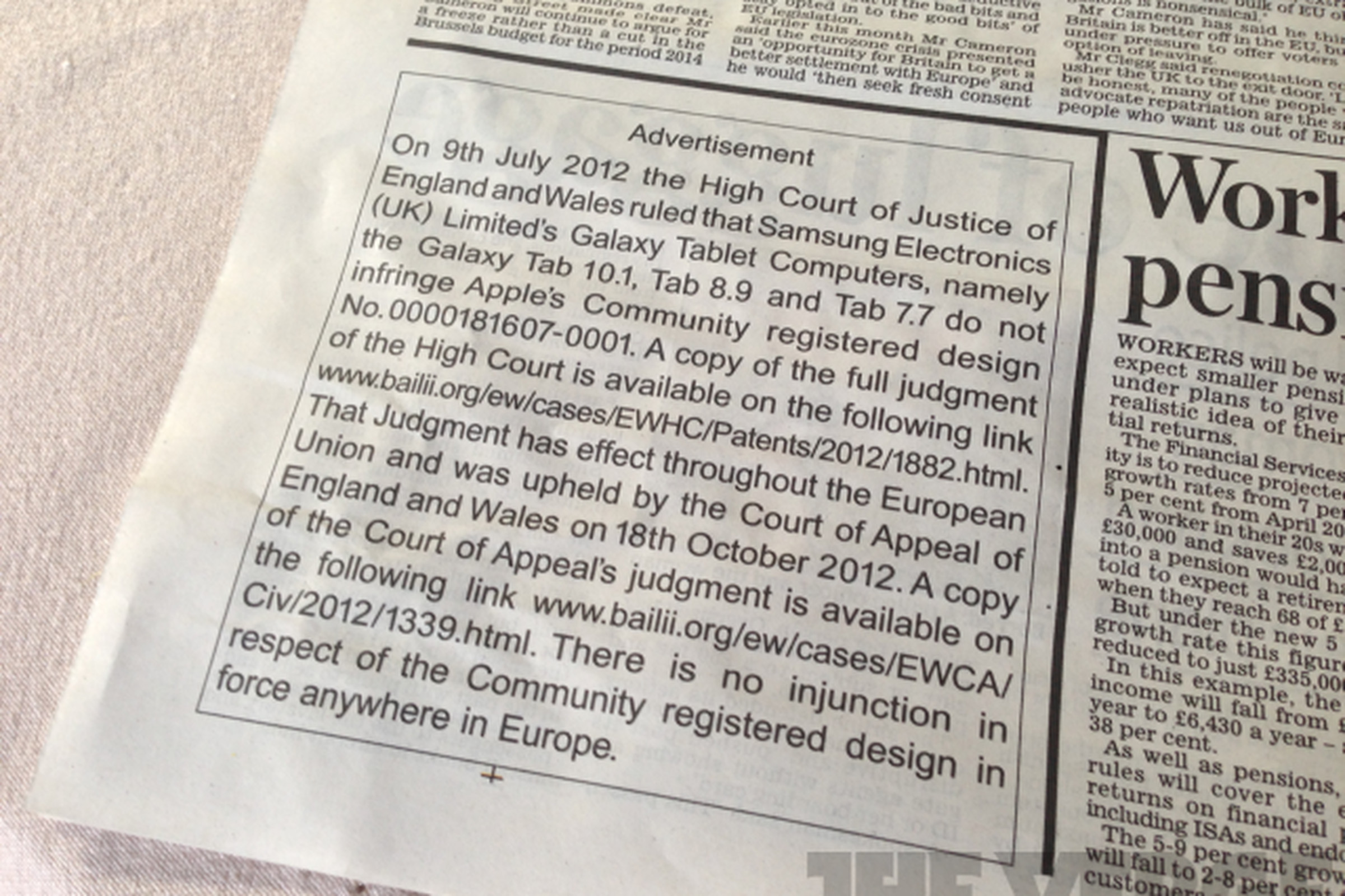 Apple Samsung design statement in UK newspaper