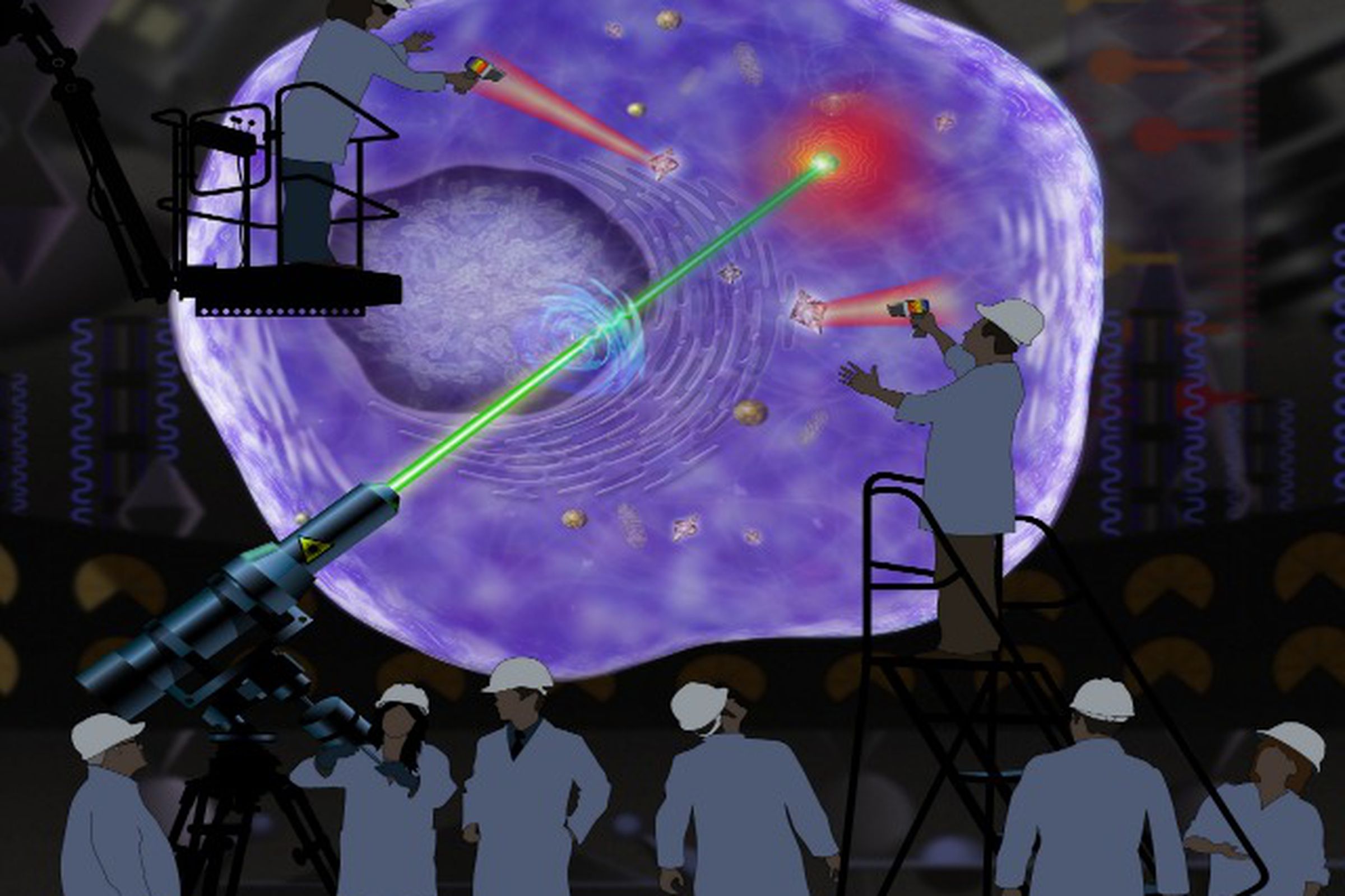 Artist conception of DARPA heating gold nanoparticles in a cell. Credit: Steven H. Lee