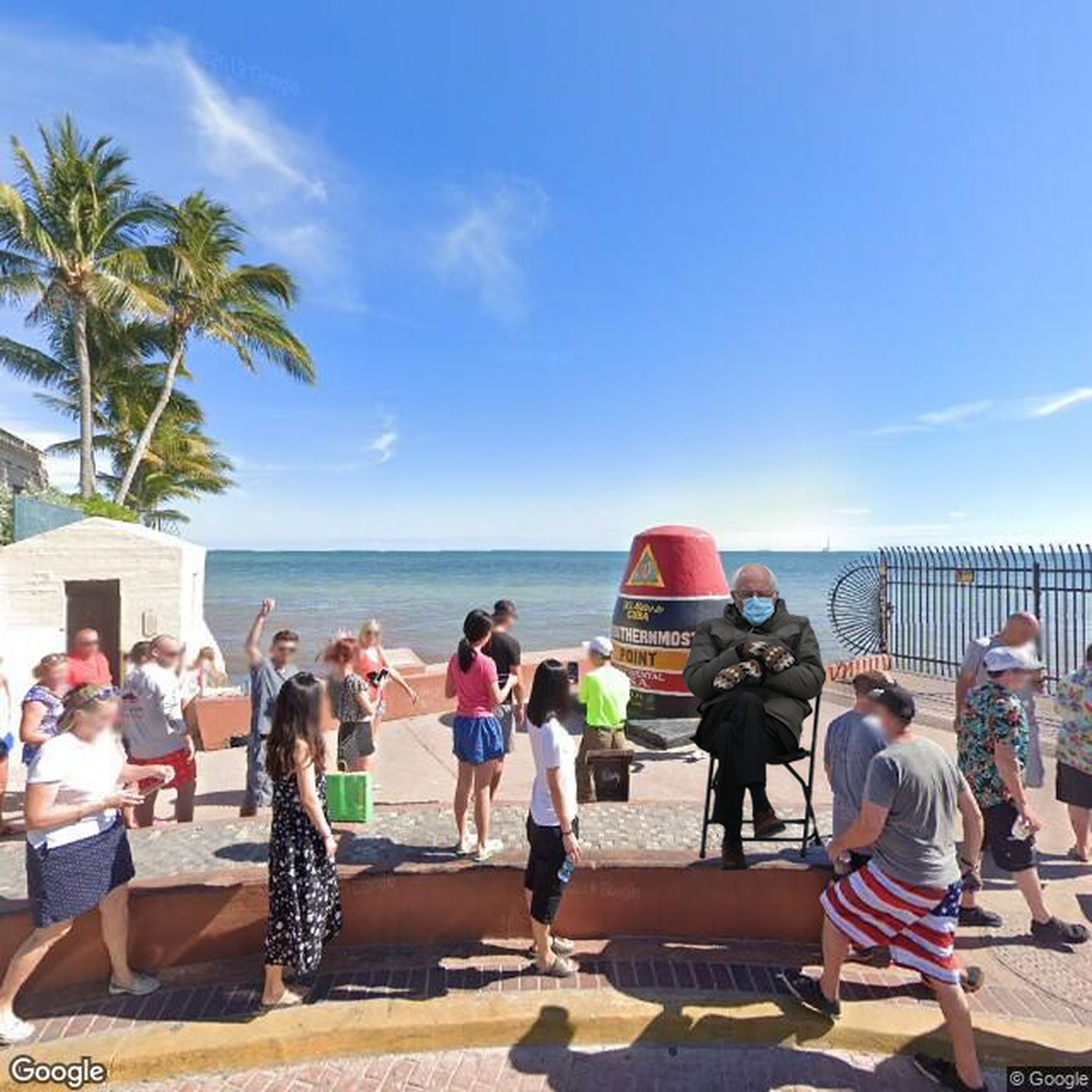 Bernie Sanders sitting at the Southernmost point in the continental United States, Key West Florida