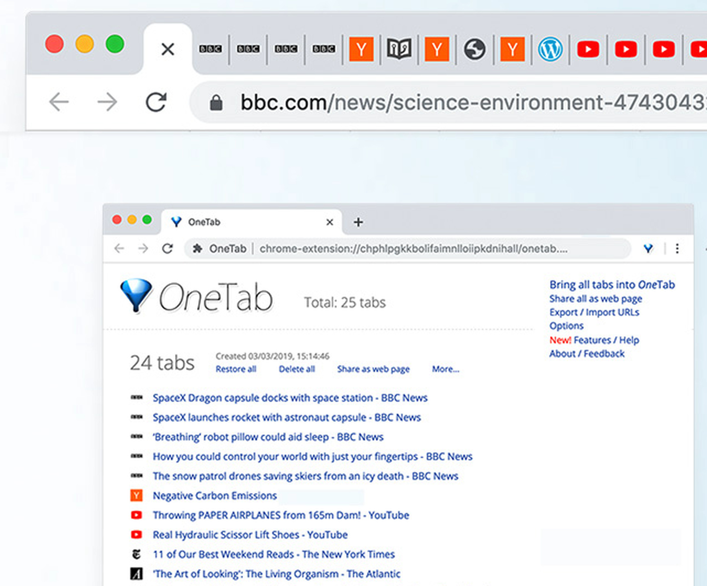 A screenshot of the OneTab tab management window listing all tabs in one central location for easy and quick access.