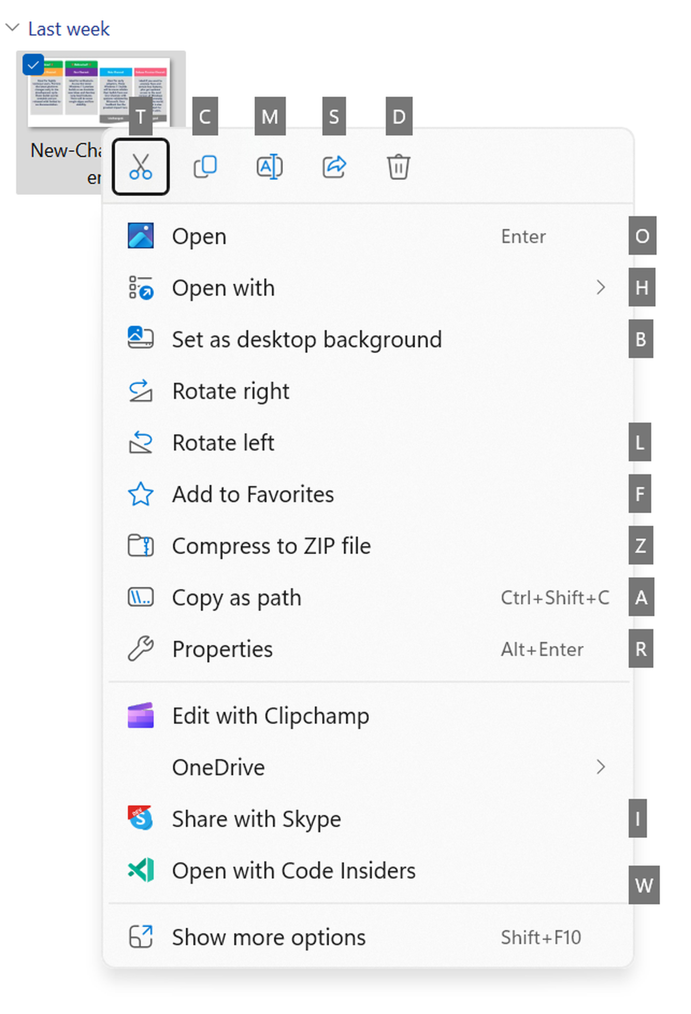 Screenshot showing the access keys system in File Explorer.