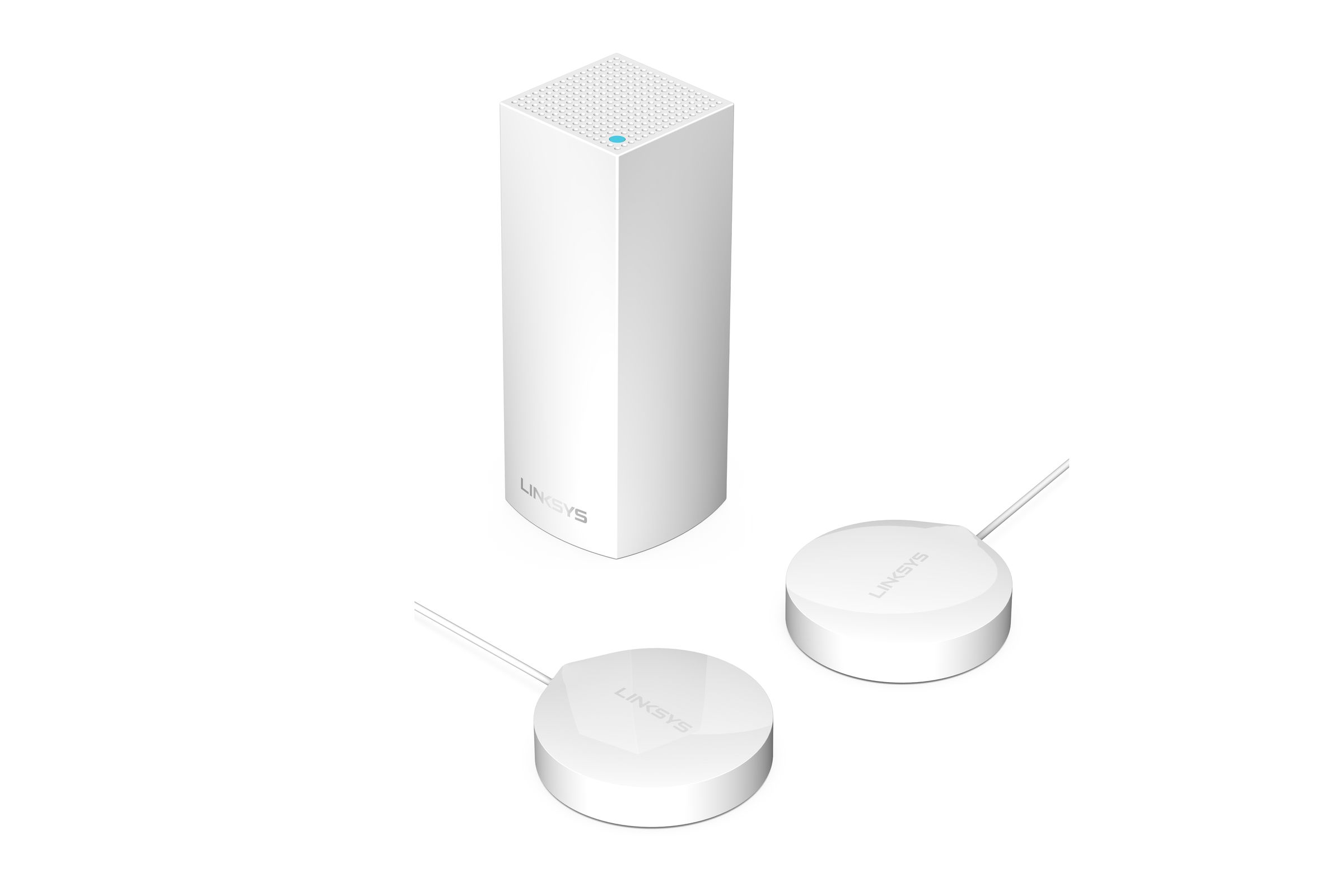 Linksys Wellness Pods next to a Velop mesh router.
