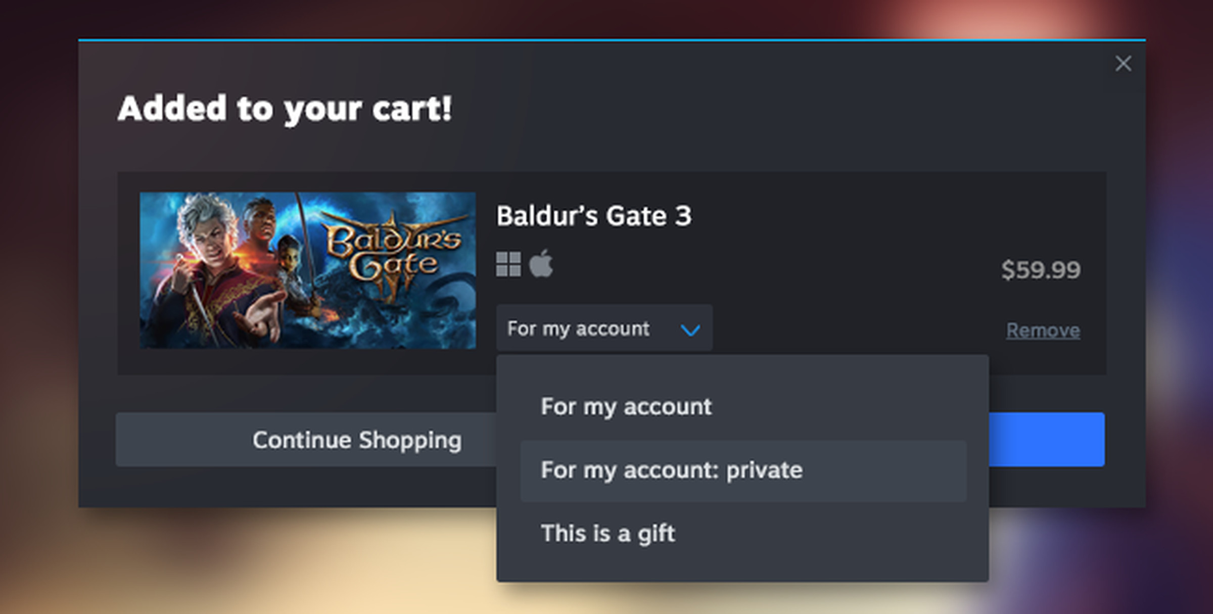 A screenshot showing the “for my account: private” option in the Steam shopping cart.