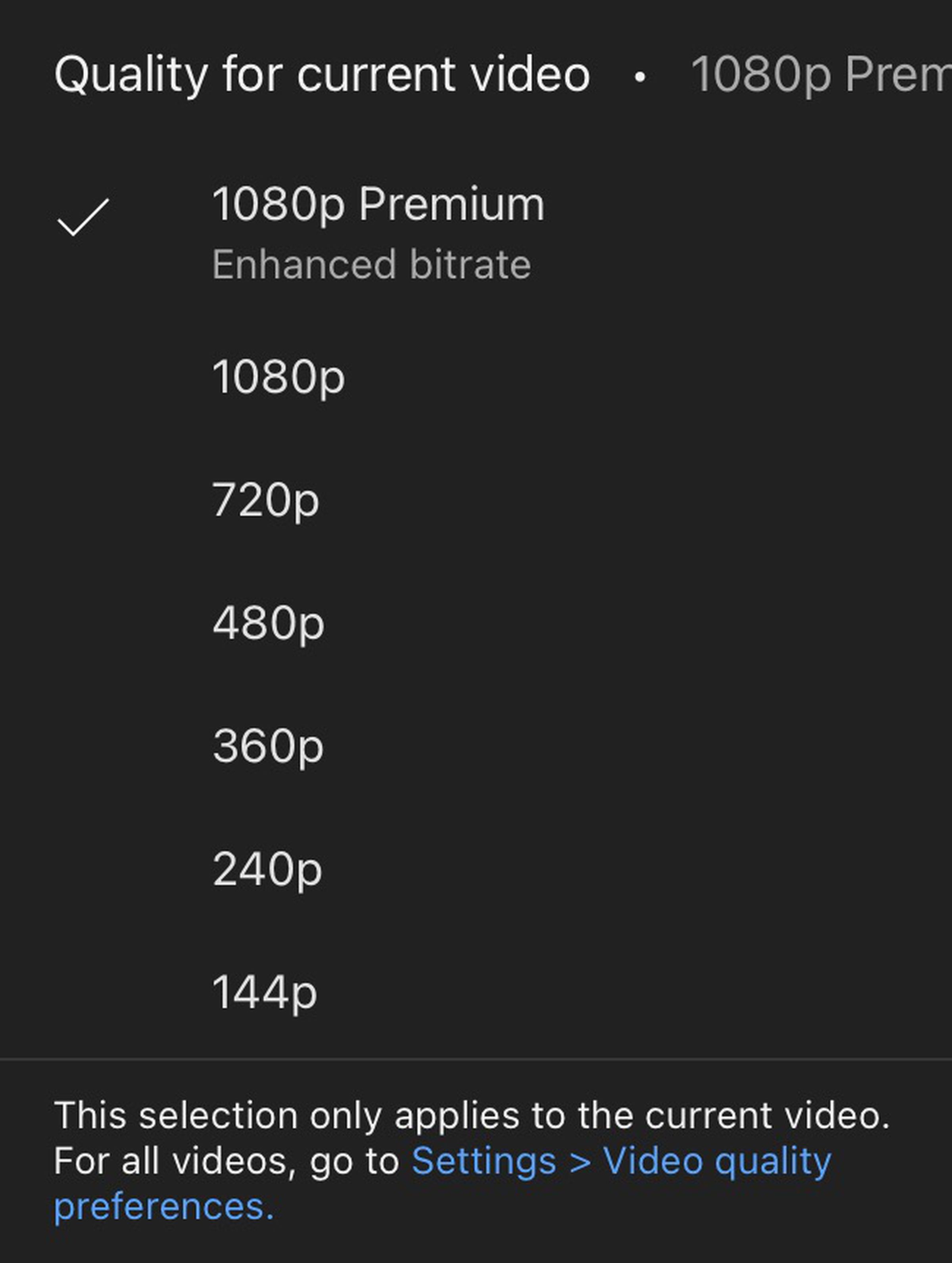 Screenshot of a YouTube quality menu, showing the 1080p Premium option with “enhanced bitrate” alongside the 1080p option.