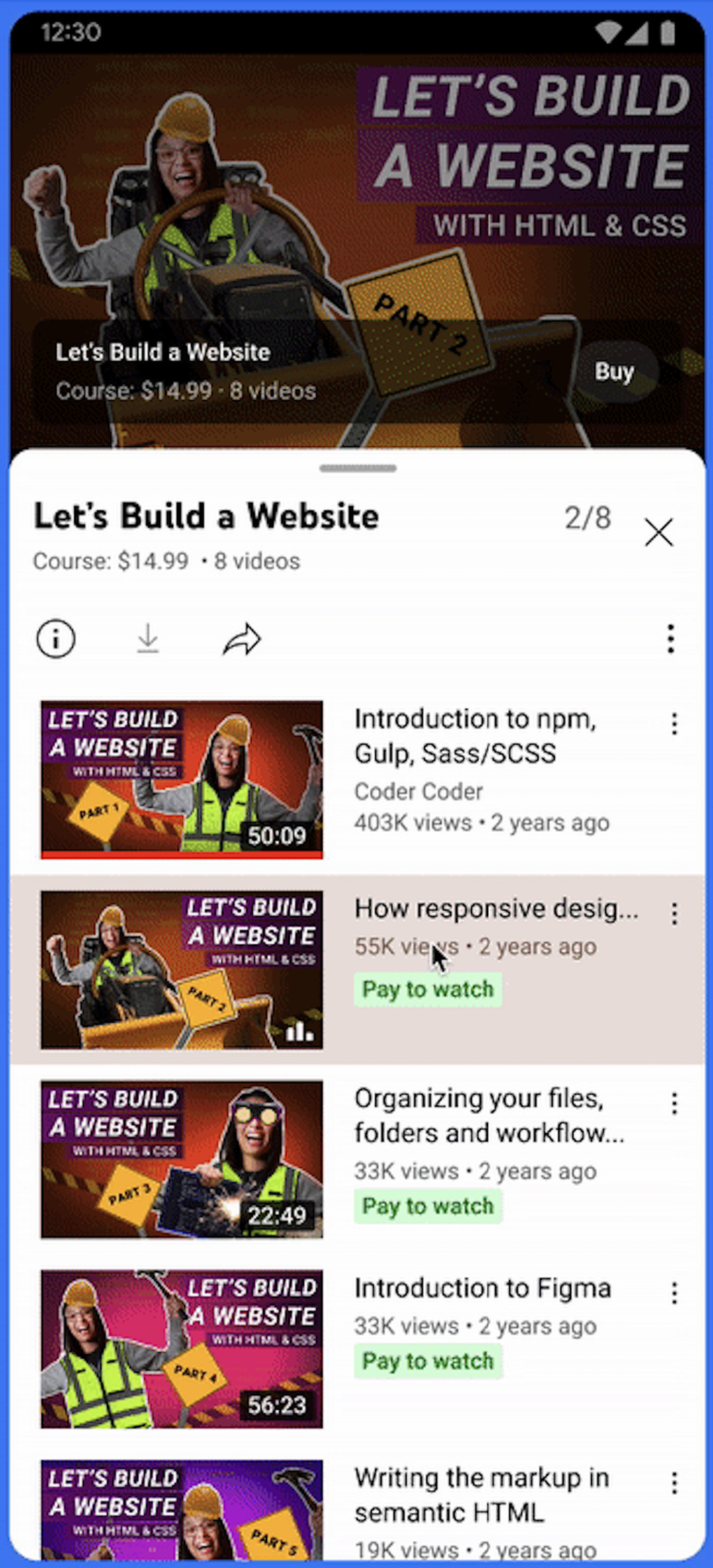 A YouTube course titled “Let’s built a website” with a playlist of videos available for purchase.