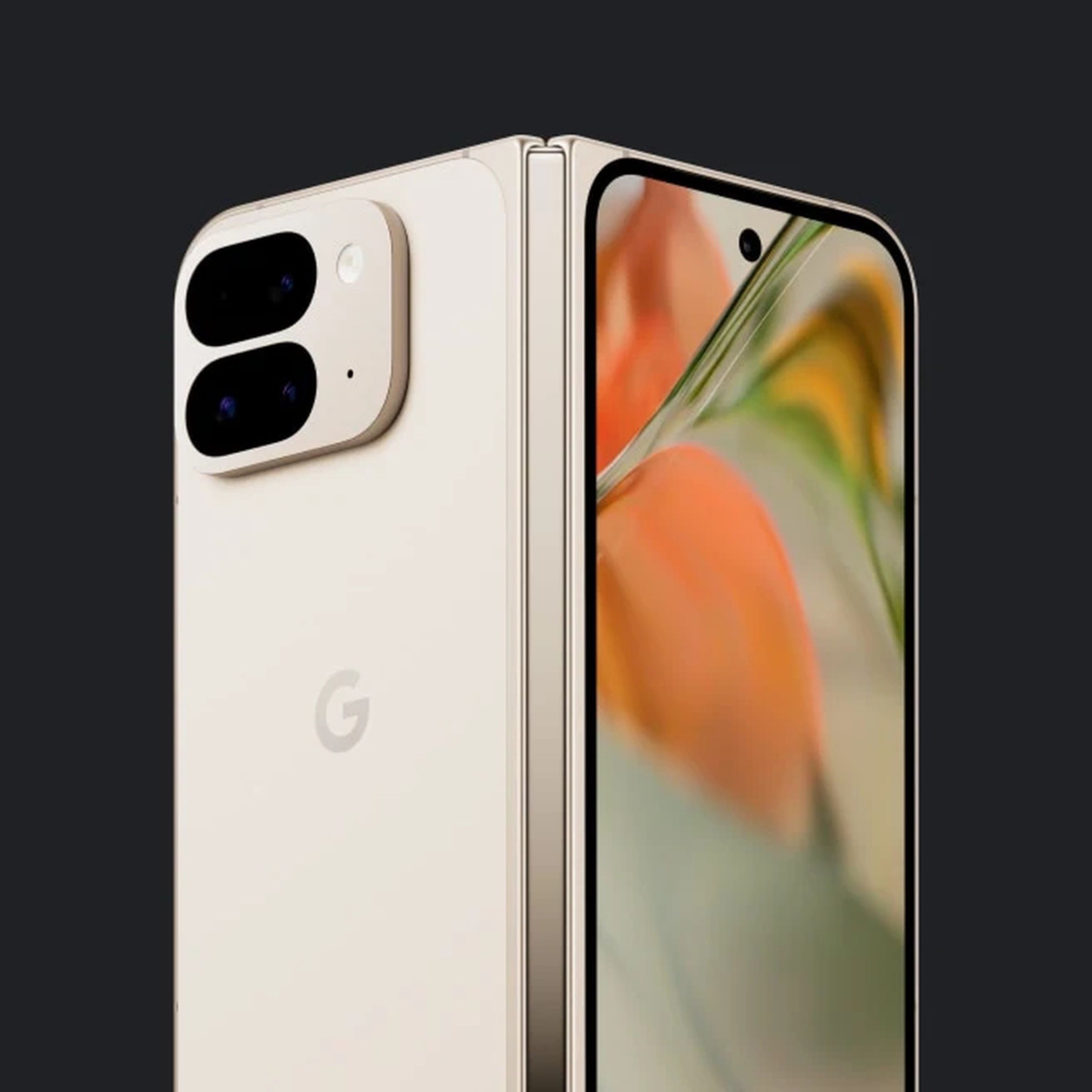 Rear shot of Google’s Pixel 9 Pro Fold slightly unfolded, with outer screen and dual-stack camera lens visible.