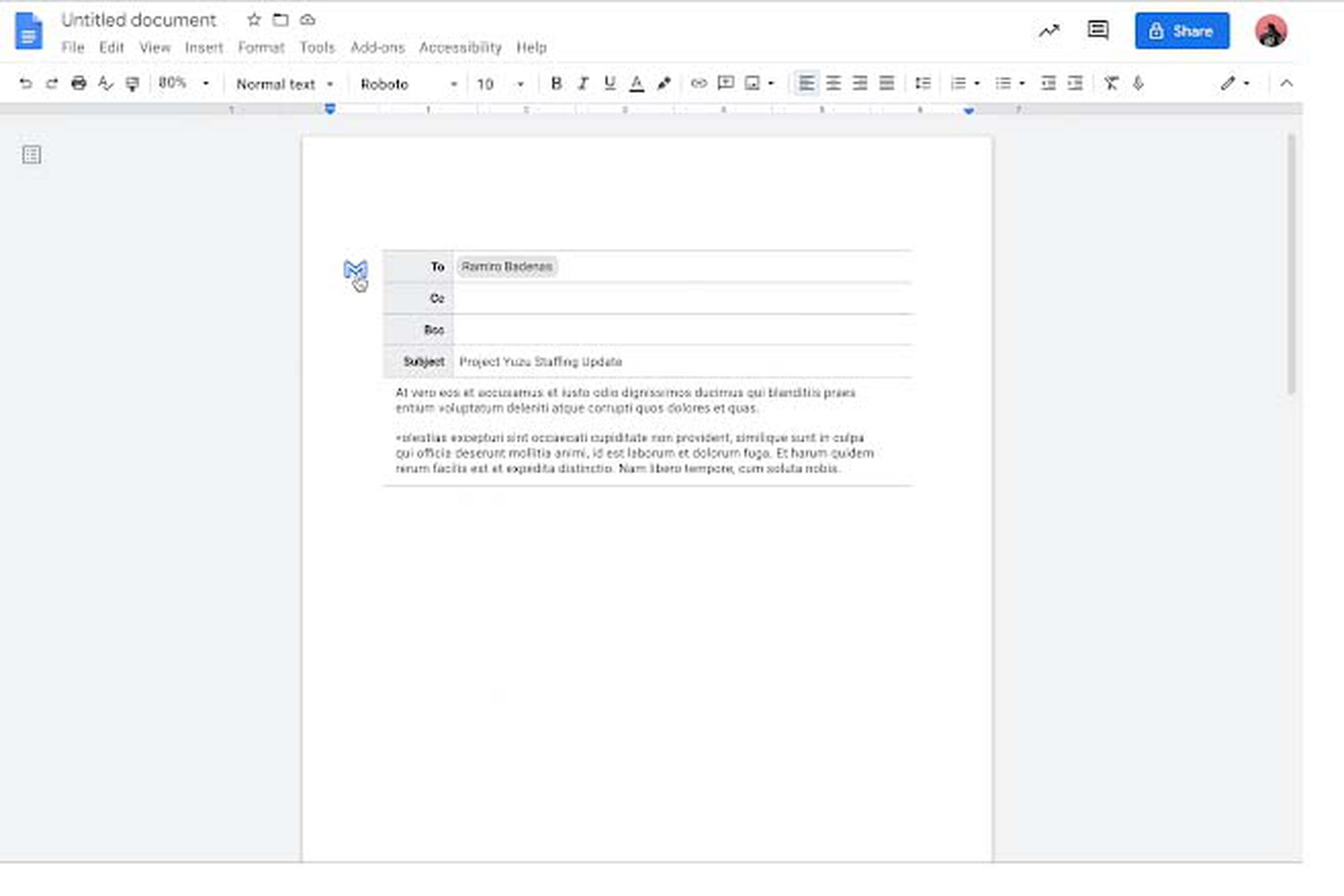 The draft email within Google Docs.