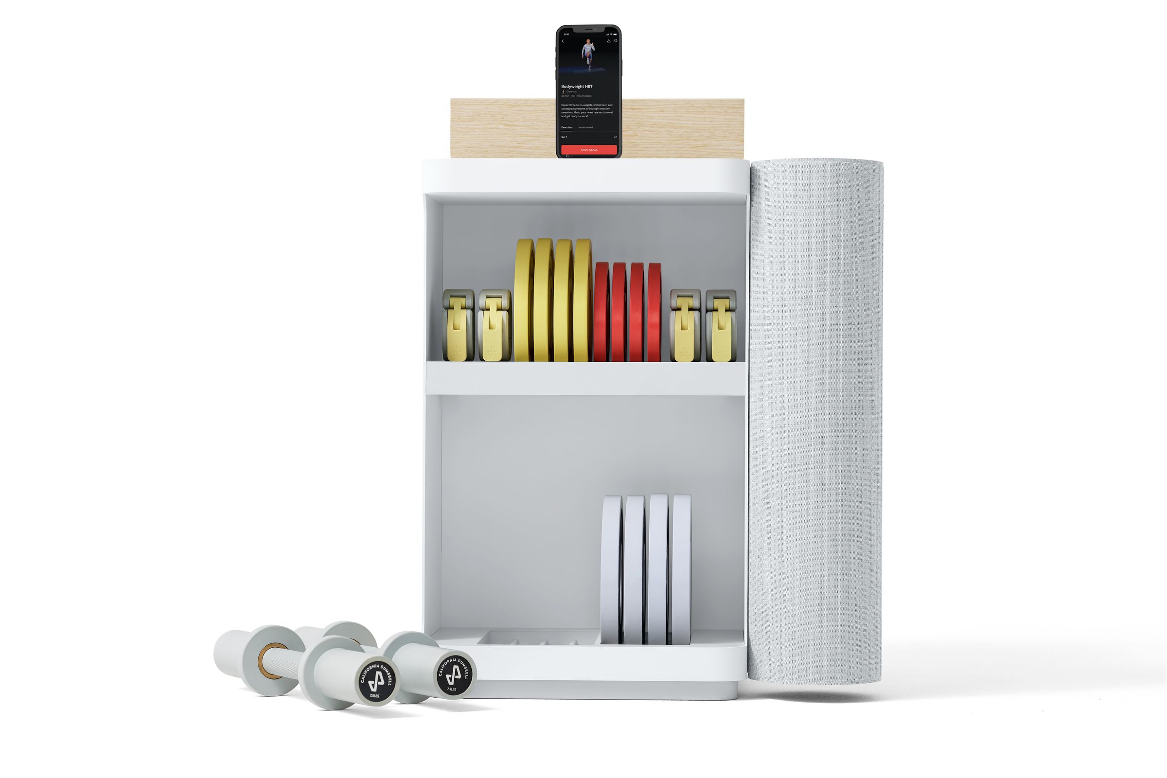 The smart weights come with a cabinet in which to store them.