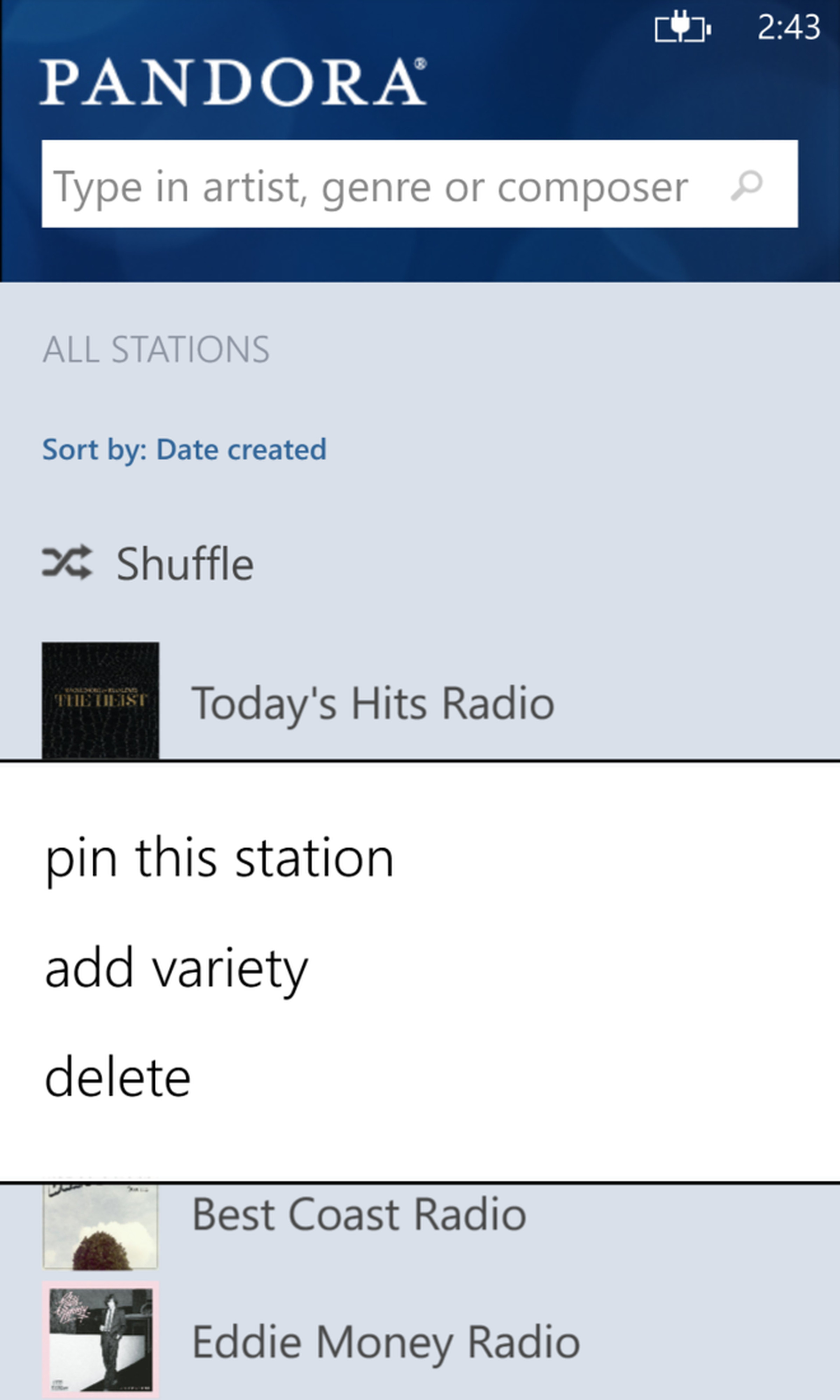 Pandora for Windows Phone screenshots
