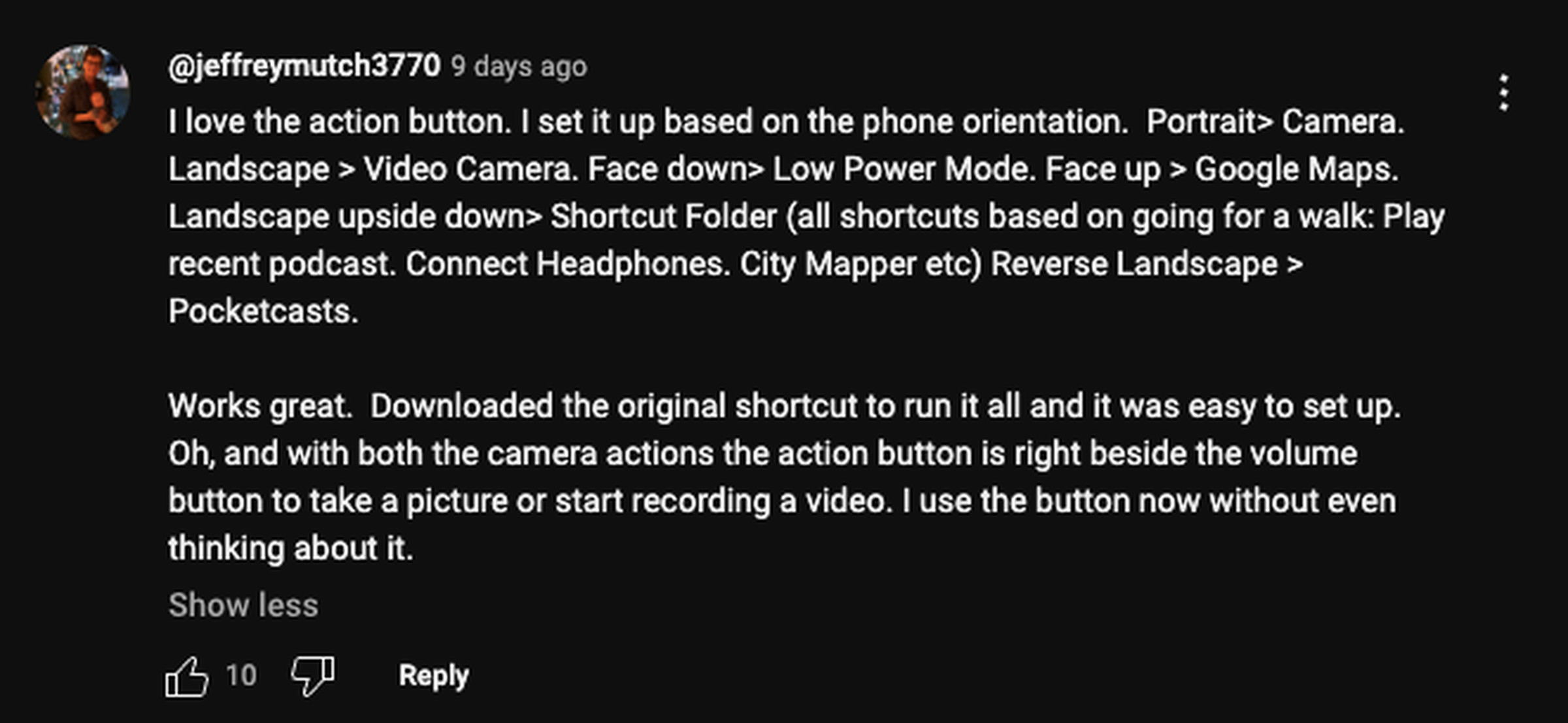 Screenshot of a YouTube comment explaining their Action Button use.