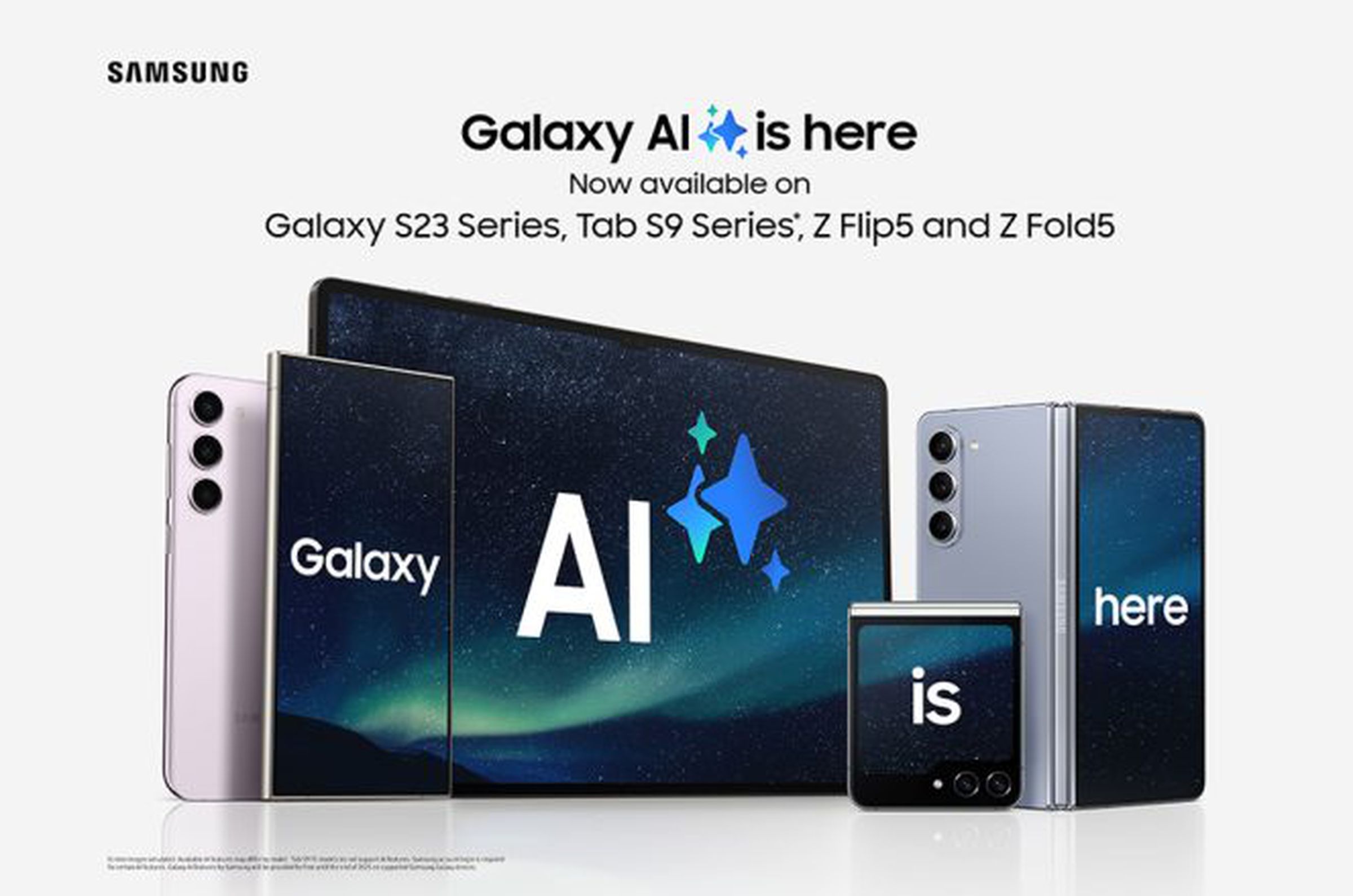 Samsung “Galaxy AI” promo image with phones and tablets that will receive the One UI 6.1 update.