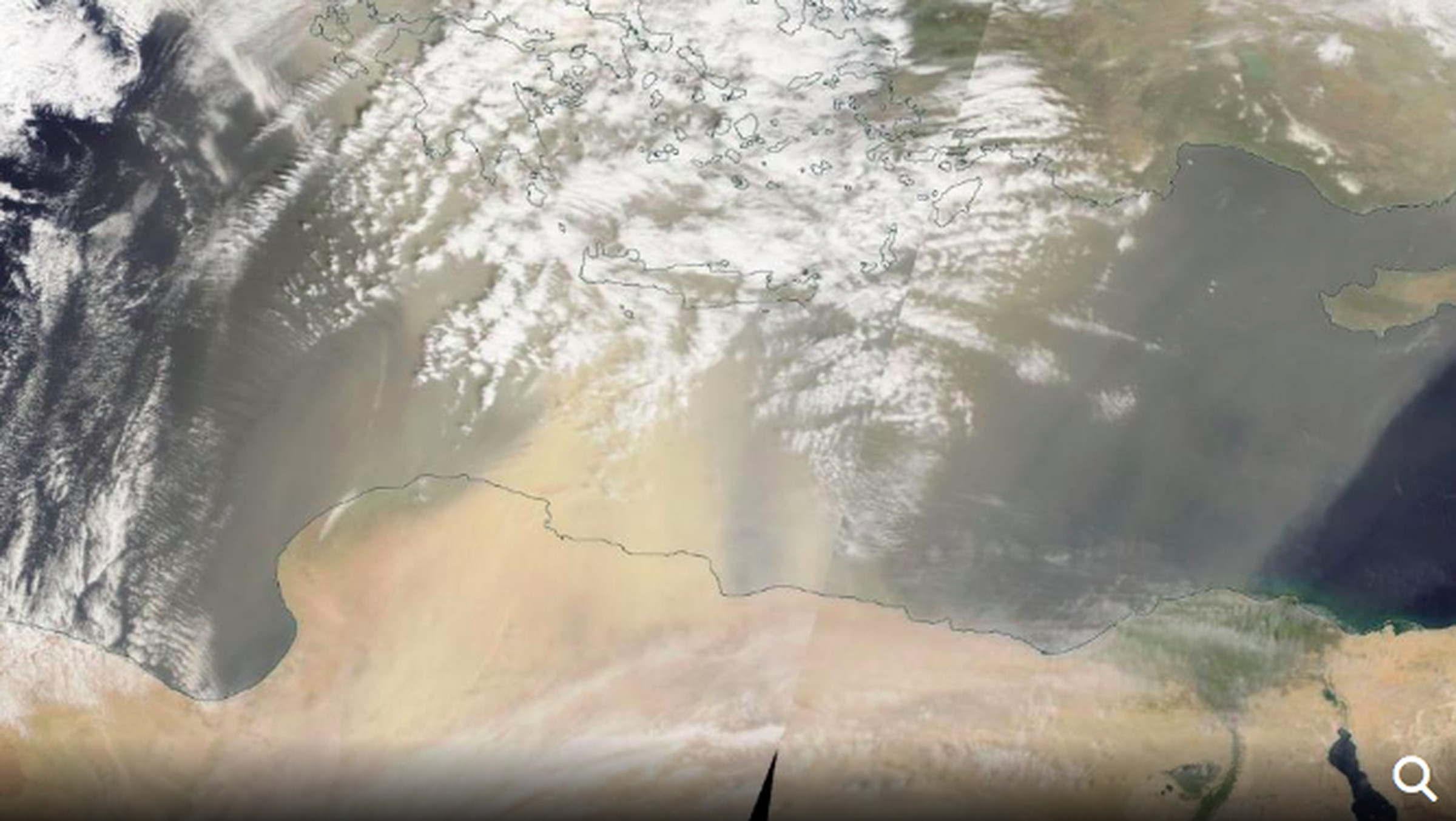 A dust plume (light brown) moves from North Africa into Greece on Thursday, March 22nd, 2018. The storm passed through Greece before moving to Eastern Europe.