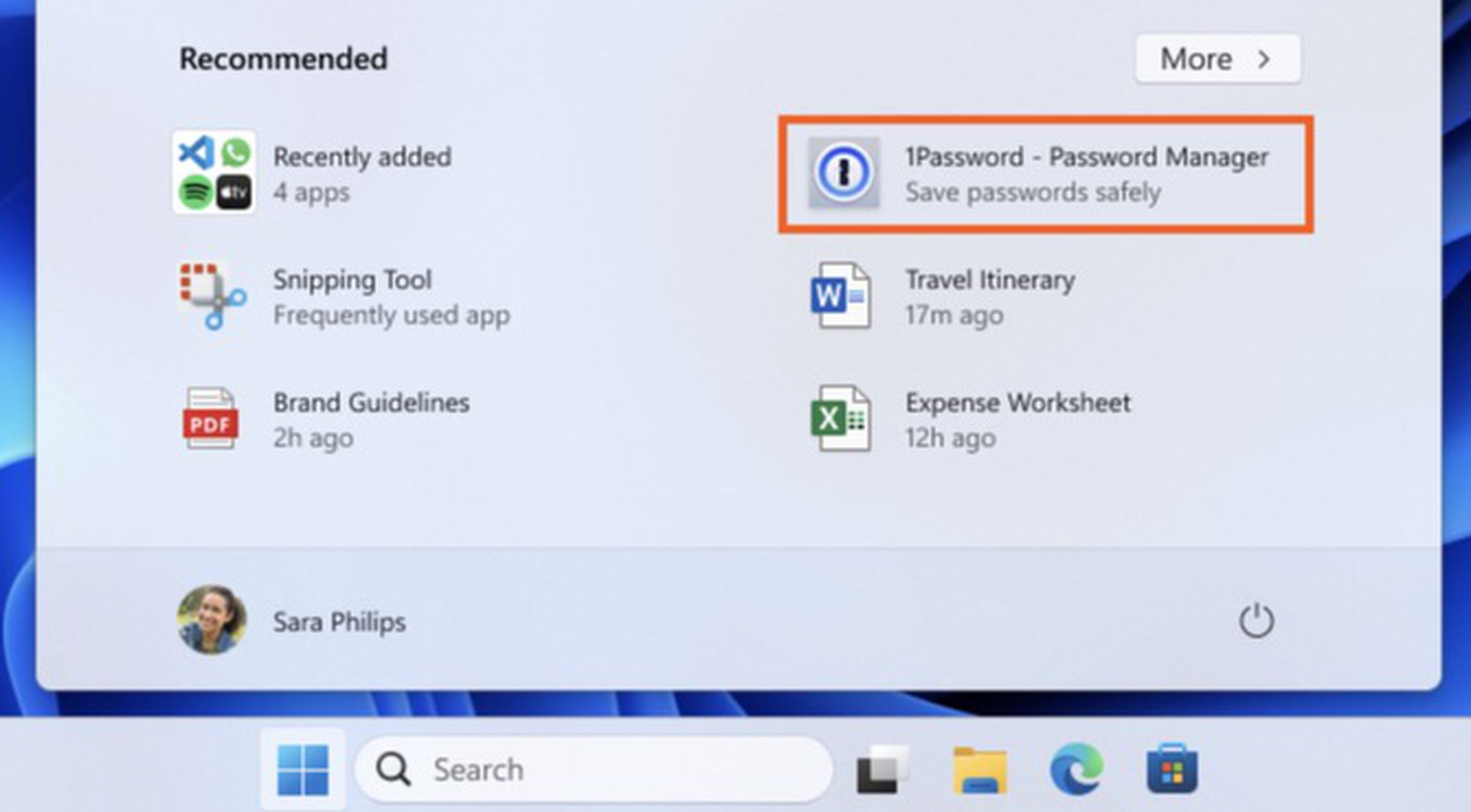 An image of the Windows 11 start menu. 1Password is highlighted with a red box indicating that it is an ad and not currently installed.