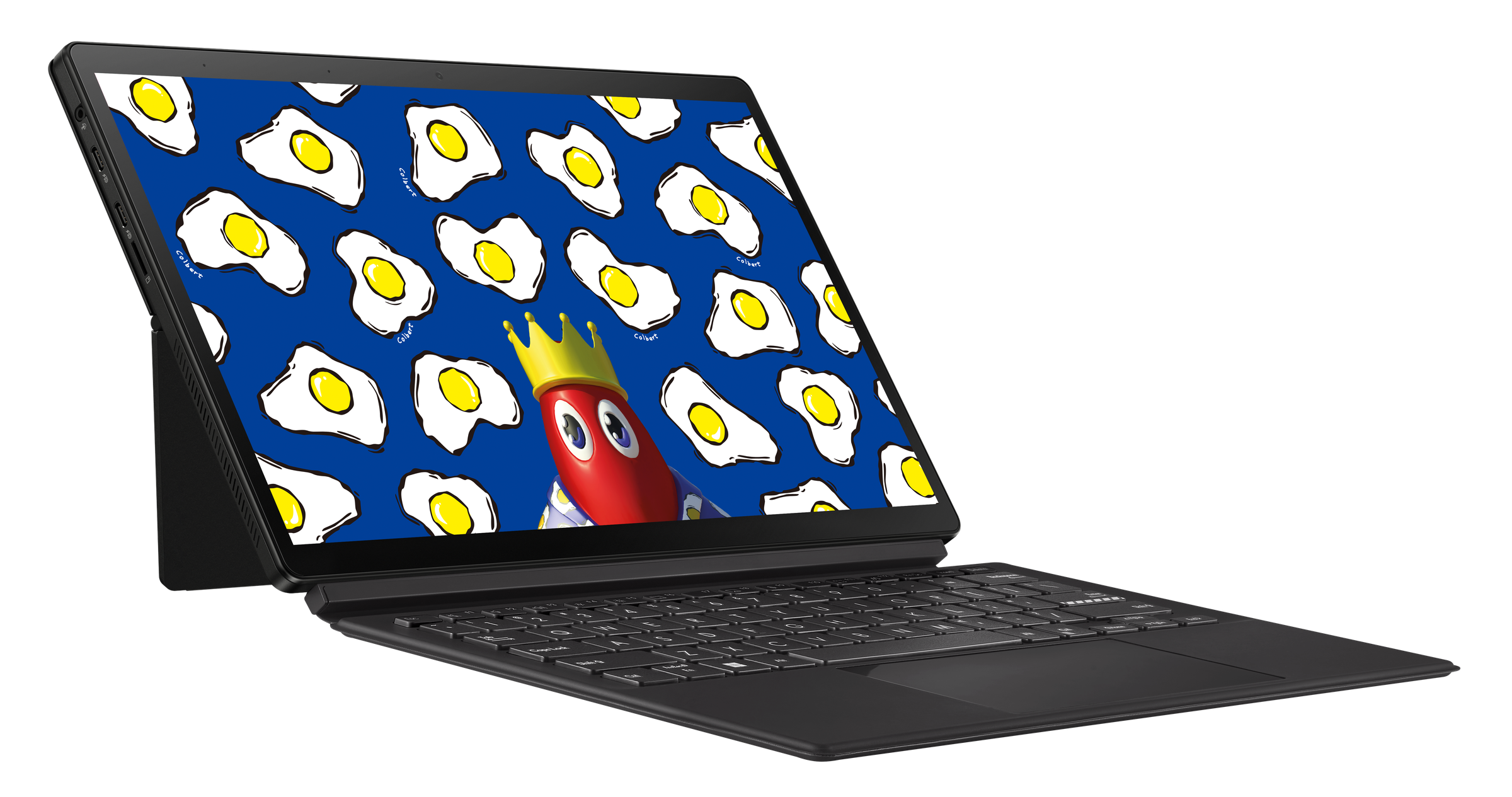The Asus Vivobook 13 Slate OLED open on a white background with the keyboard attached. The screen displays a lobster wearing a crown in front of a blue wallpaper dotted with eggs.