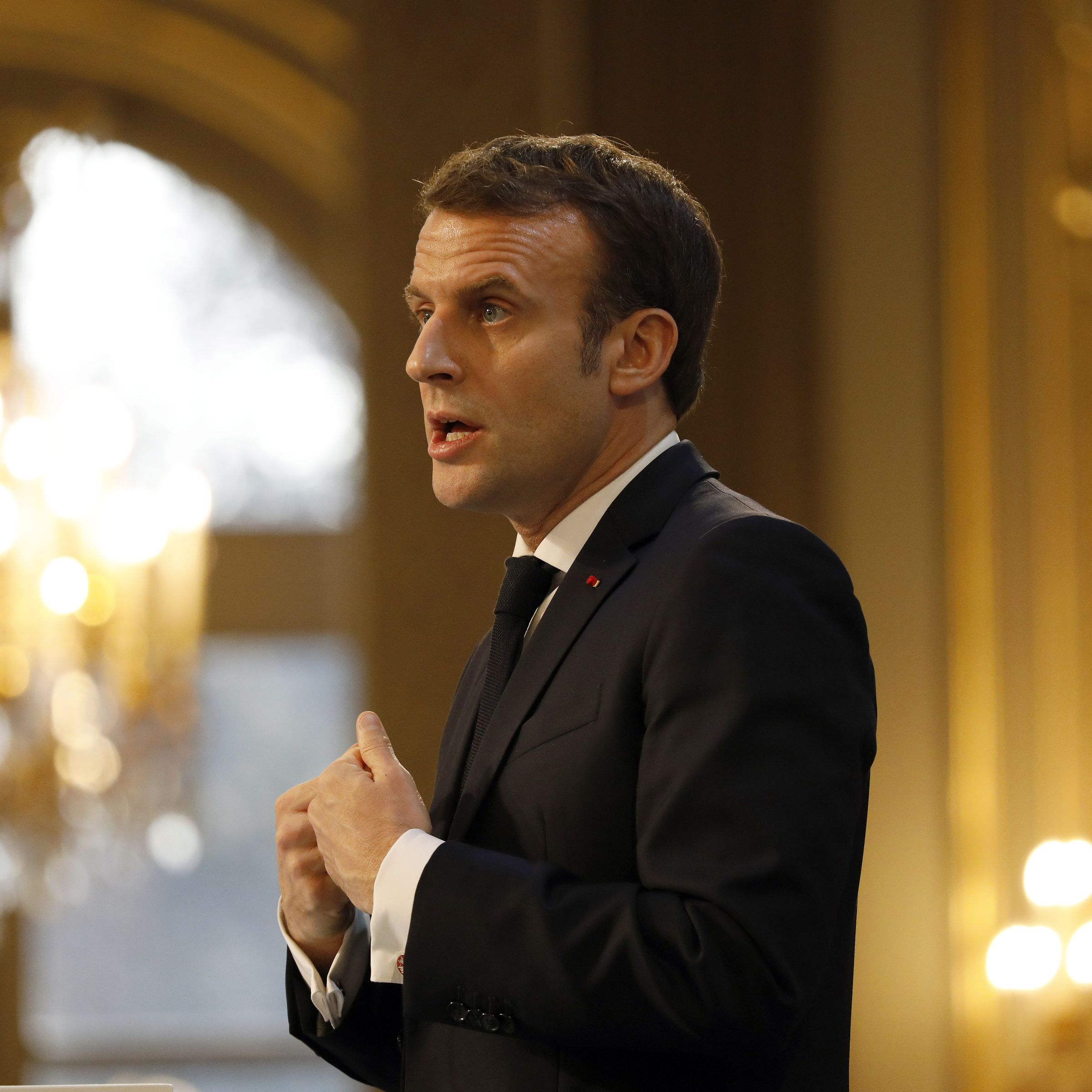 Macron Addresses Business Leaders At Elysee Palace