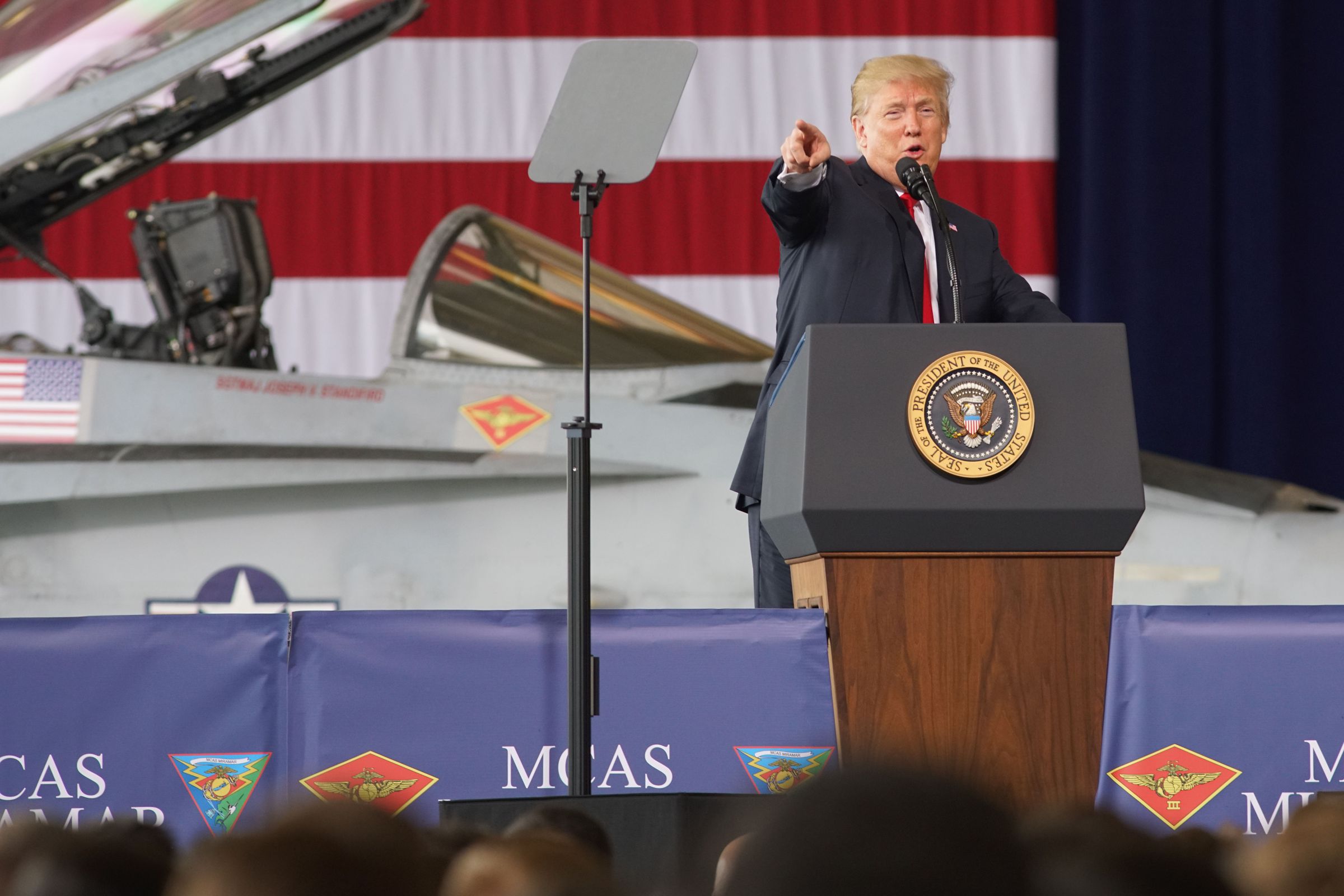 Trump Addresses Troops At Marine Corps Air Station Miramar During CA Visit