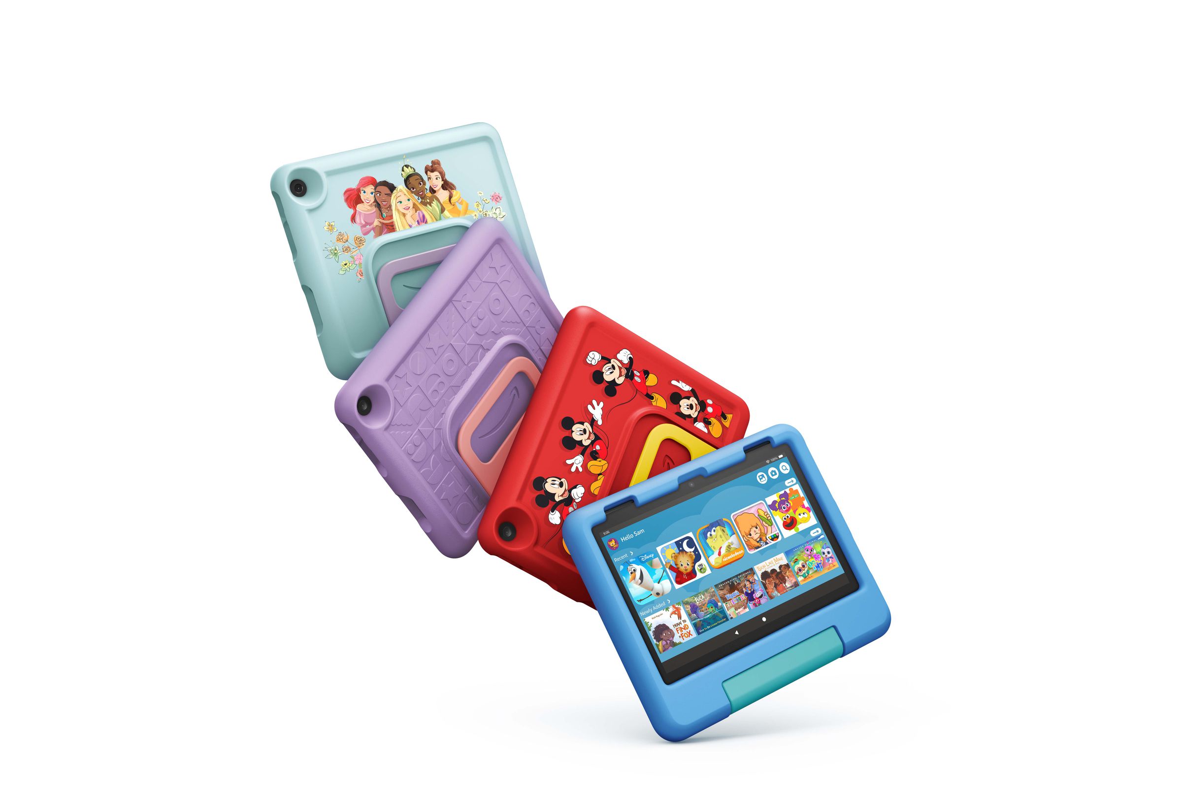The Fire HD 8 Kids model with four different kid-proof case colors.