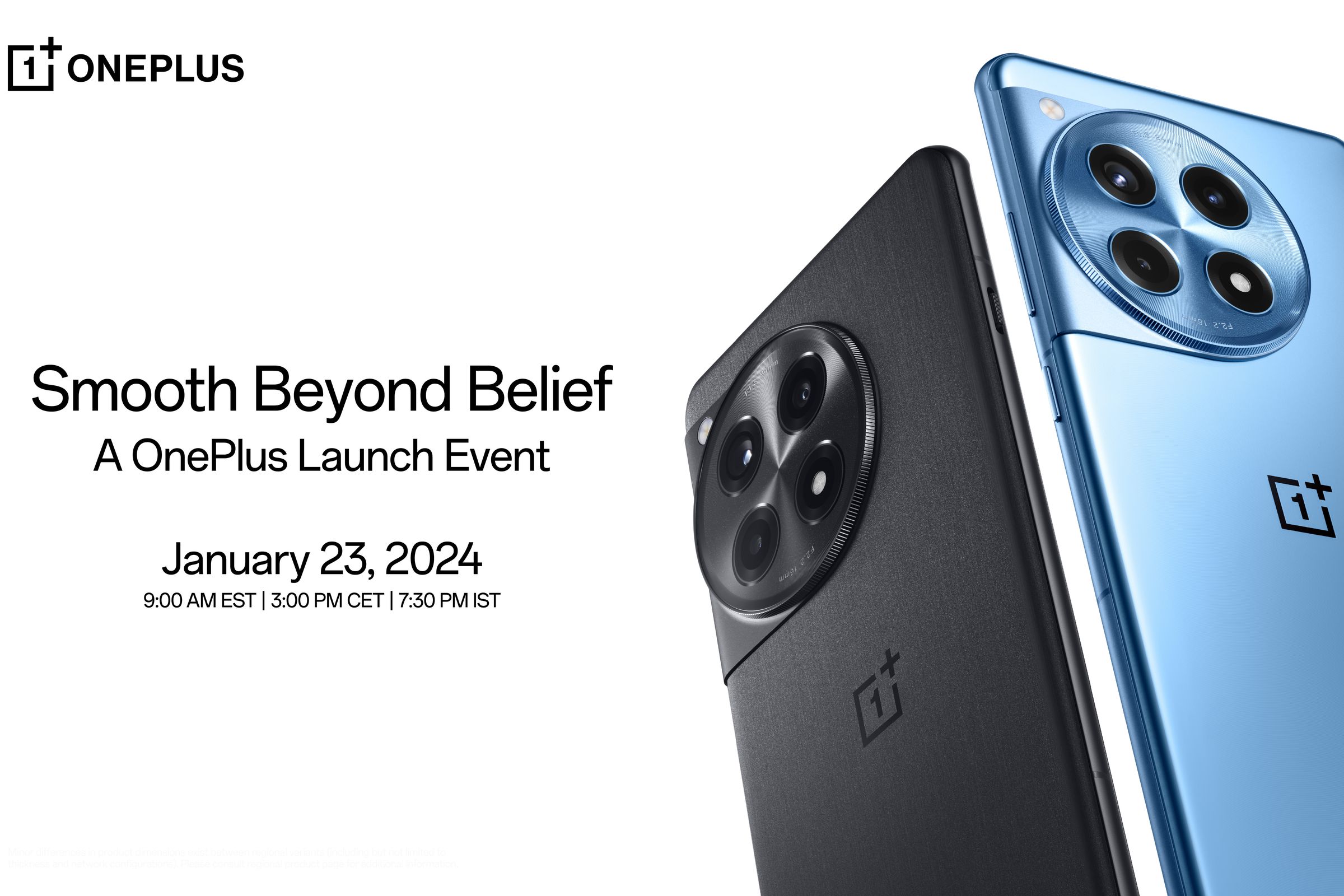 Timings for the Oneplus “smooth beyond belief” event, with an image of the 12R in two colors.