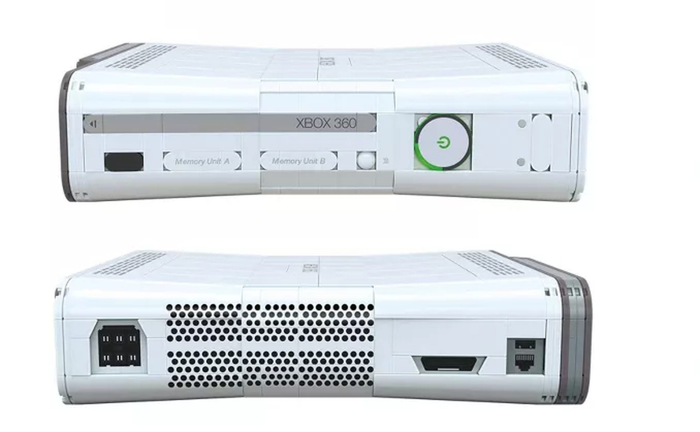 Screenshot of Mega’s Xbox 360 replica featuring the front and back of the console including the indicator light, ethernet and HDMI ports, and vent holes.