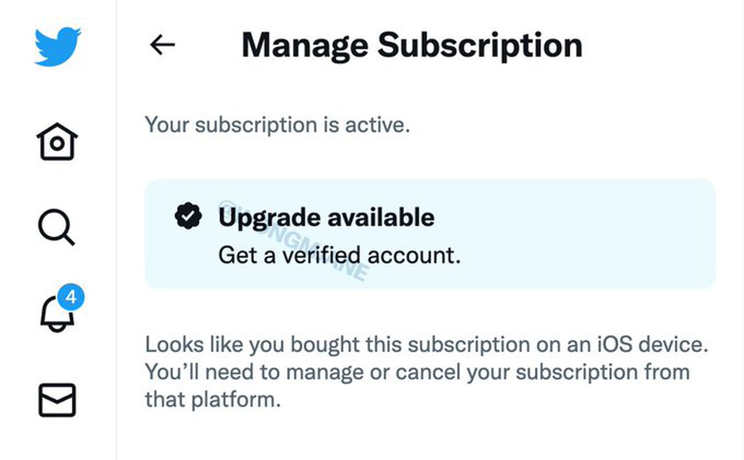 A screengrab of a “Manage Subscription” page in Twitter offering an “Upgrade available” to get a verified account.