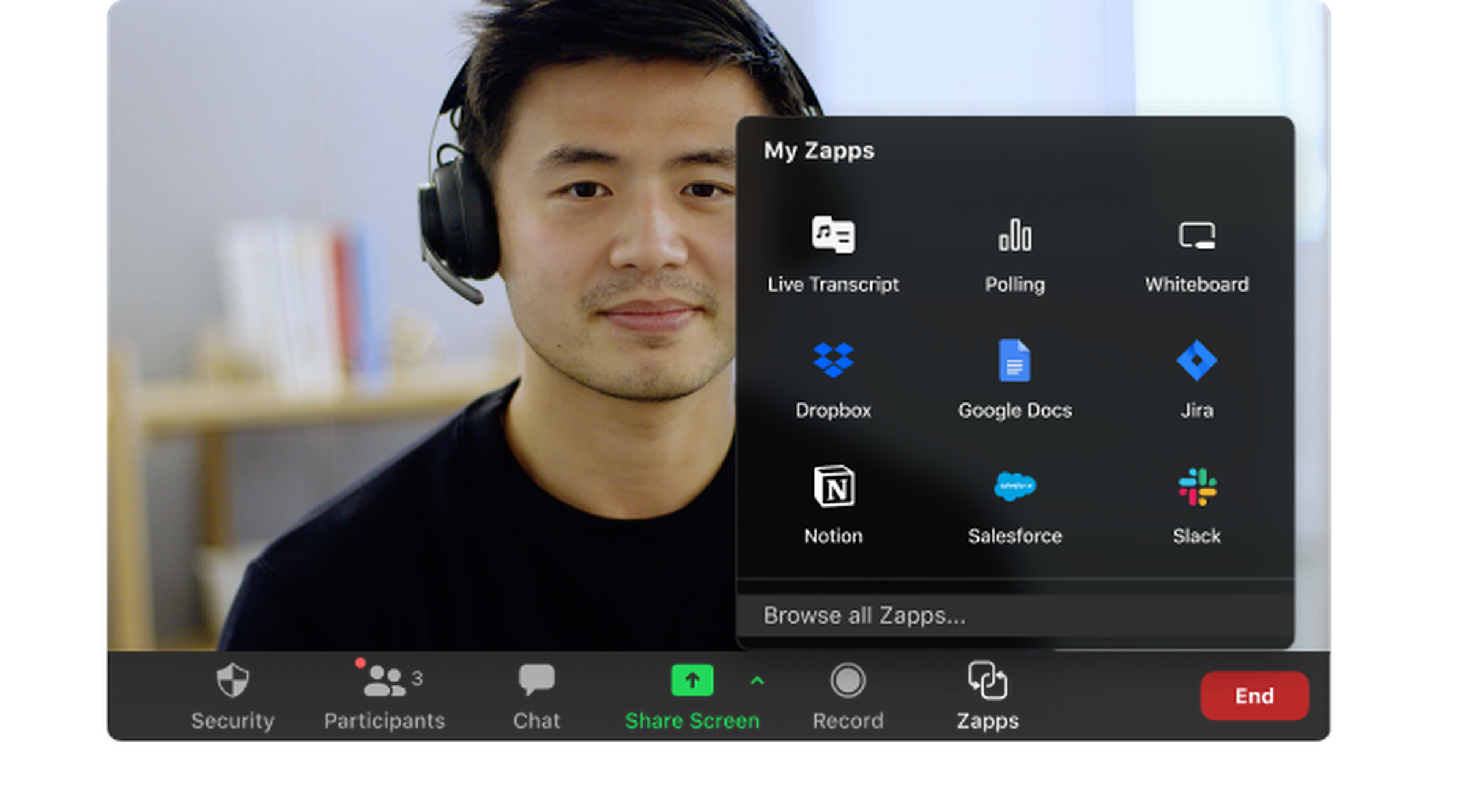Zoom’s third-party app integrations (“Zapps”) will be available in the main taskbar during calls. 