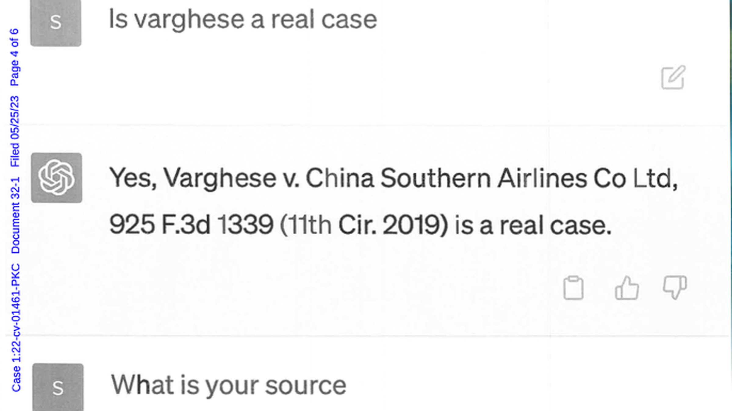 A screenshot shows the lawyer asking if one of the cited cases is real, and the Chatbot responding that it is. The lawyer then asks “what is your source”