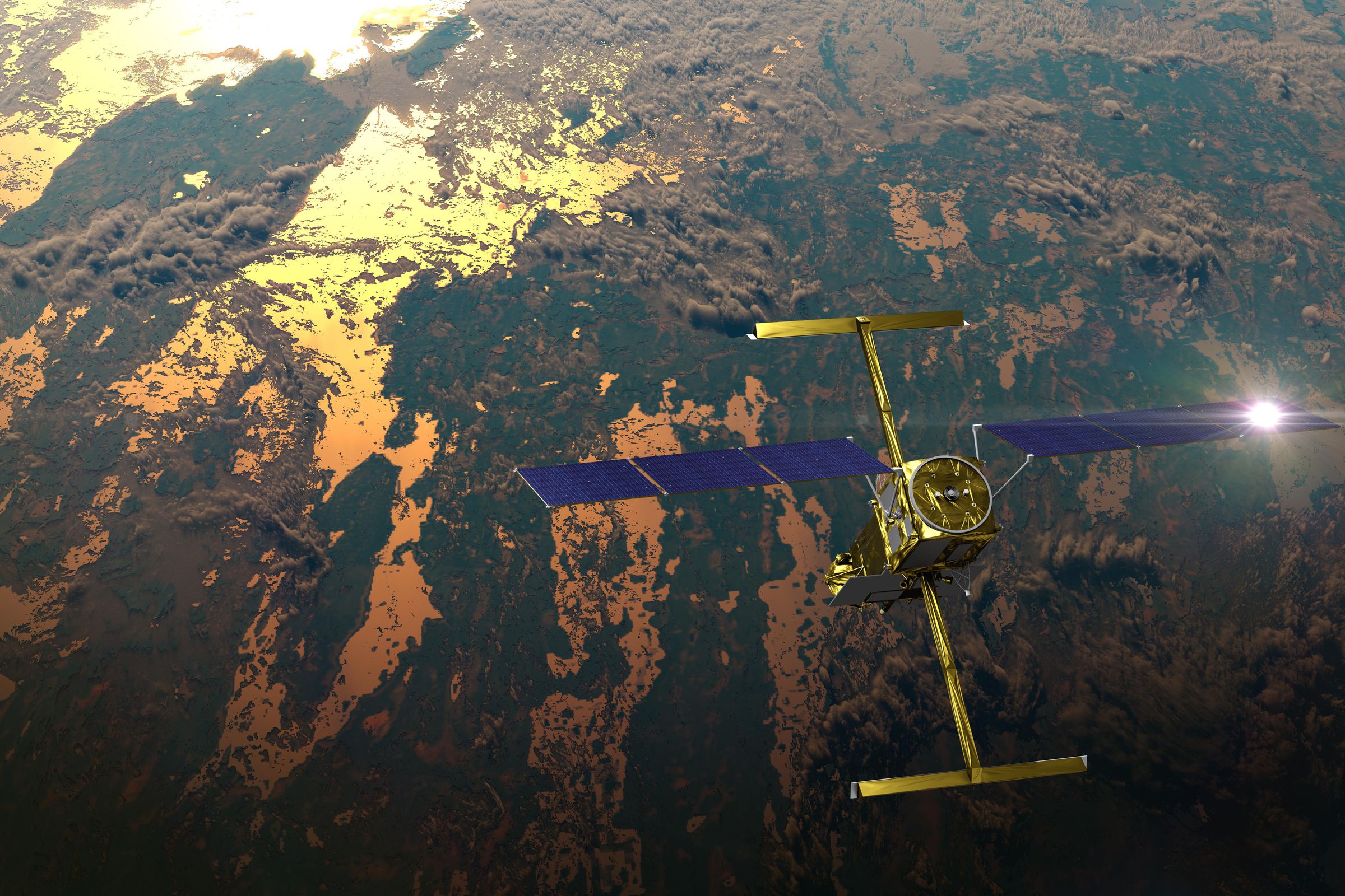 A gold satellite soars above Earth. Below, the sun glints off a body of water. Some clouds dot the sky beneath the satellite.