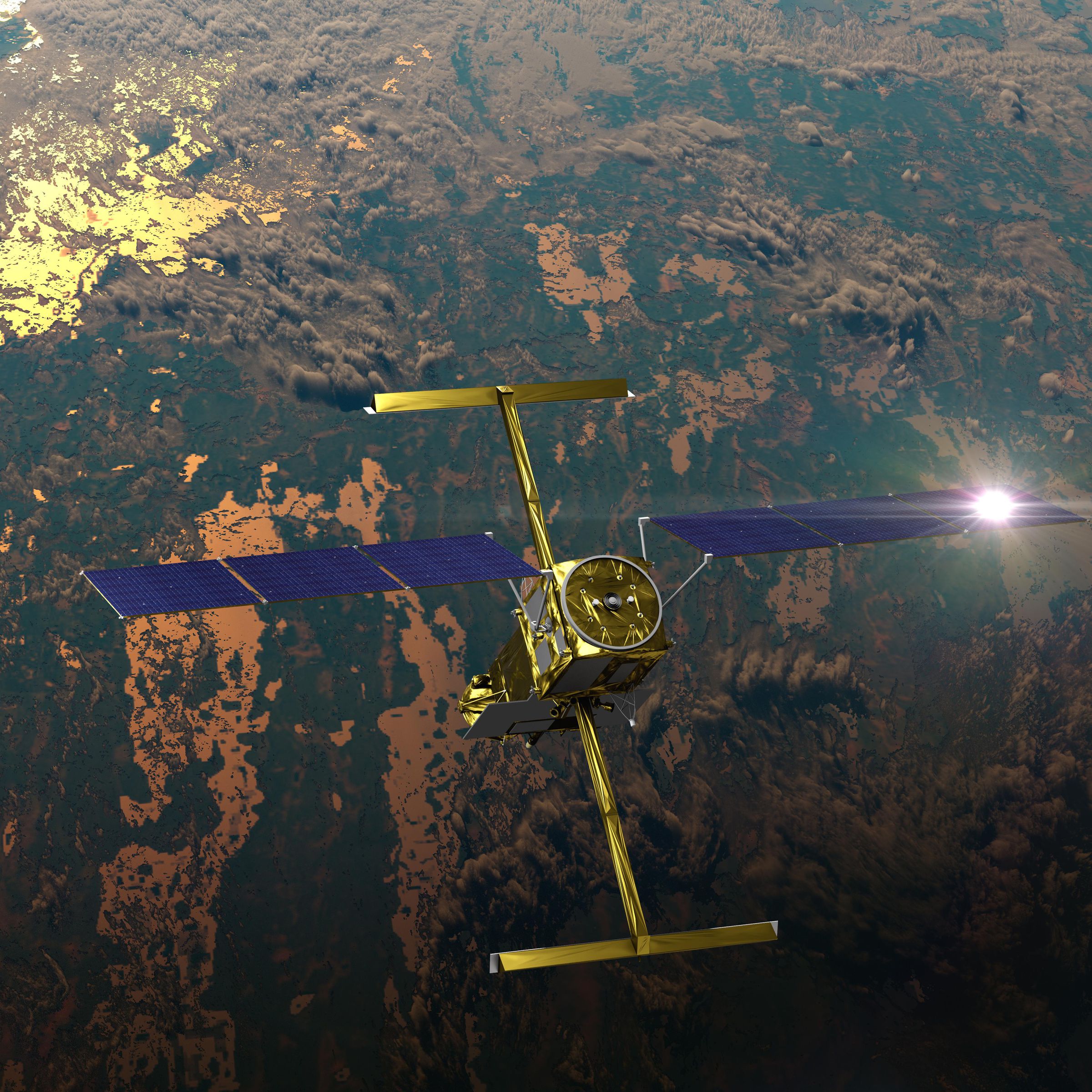 A gold satellite soars above Earth. Below, the sun glints off a body of water. Some clouds dot the sky beneath the satellite.