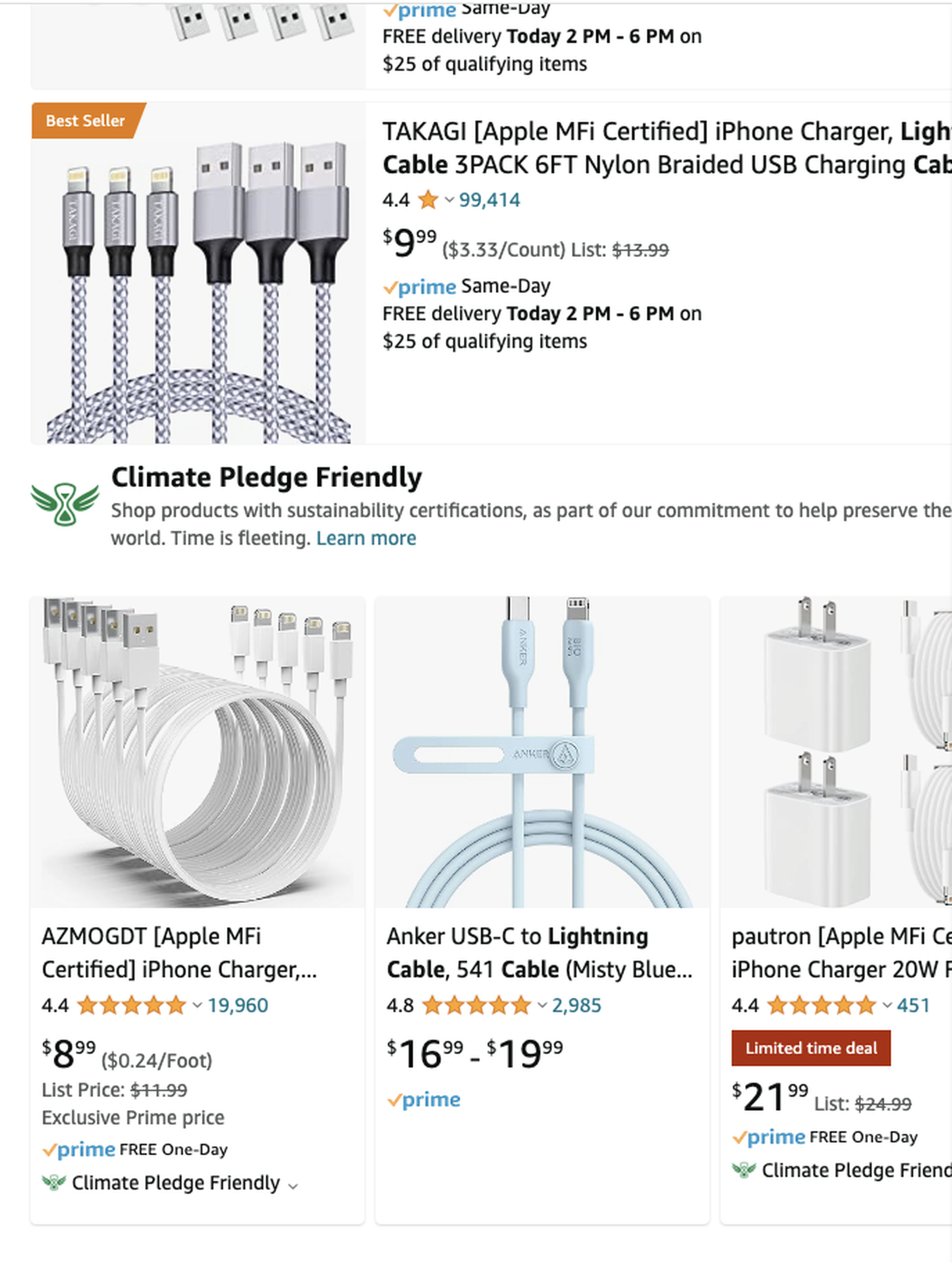 A screenshot of Amazon search results for an iPhone cable.