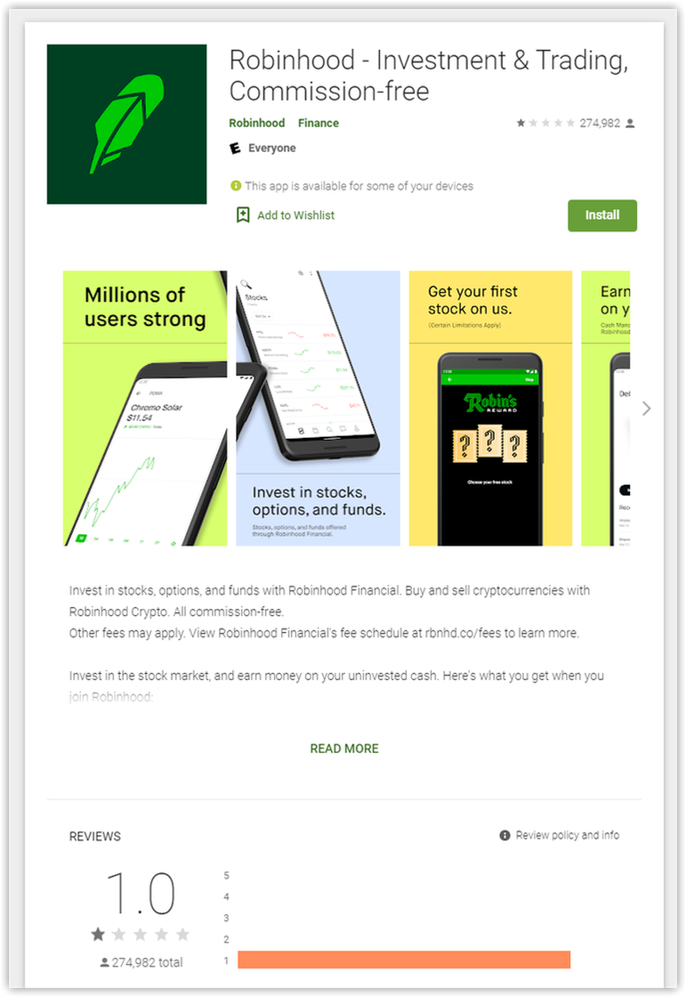 Robinhood’s page on the Play Store earlier on Thursday.