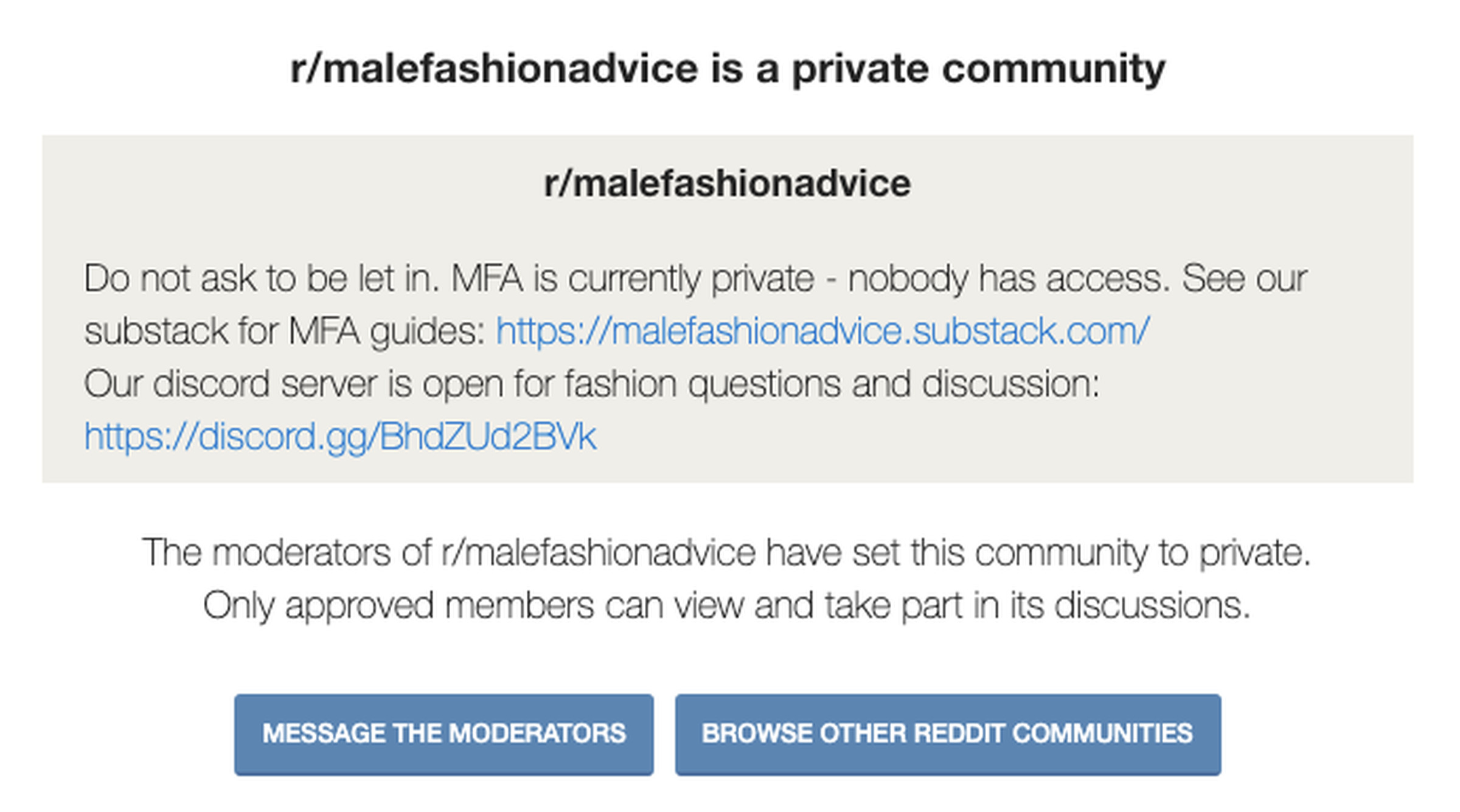 A screenshot of the message when you try to visit r/malefashionadvice.