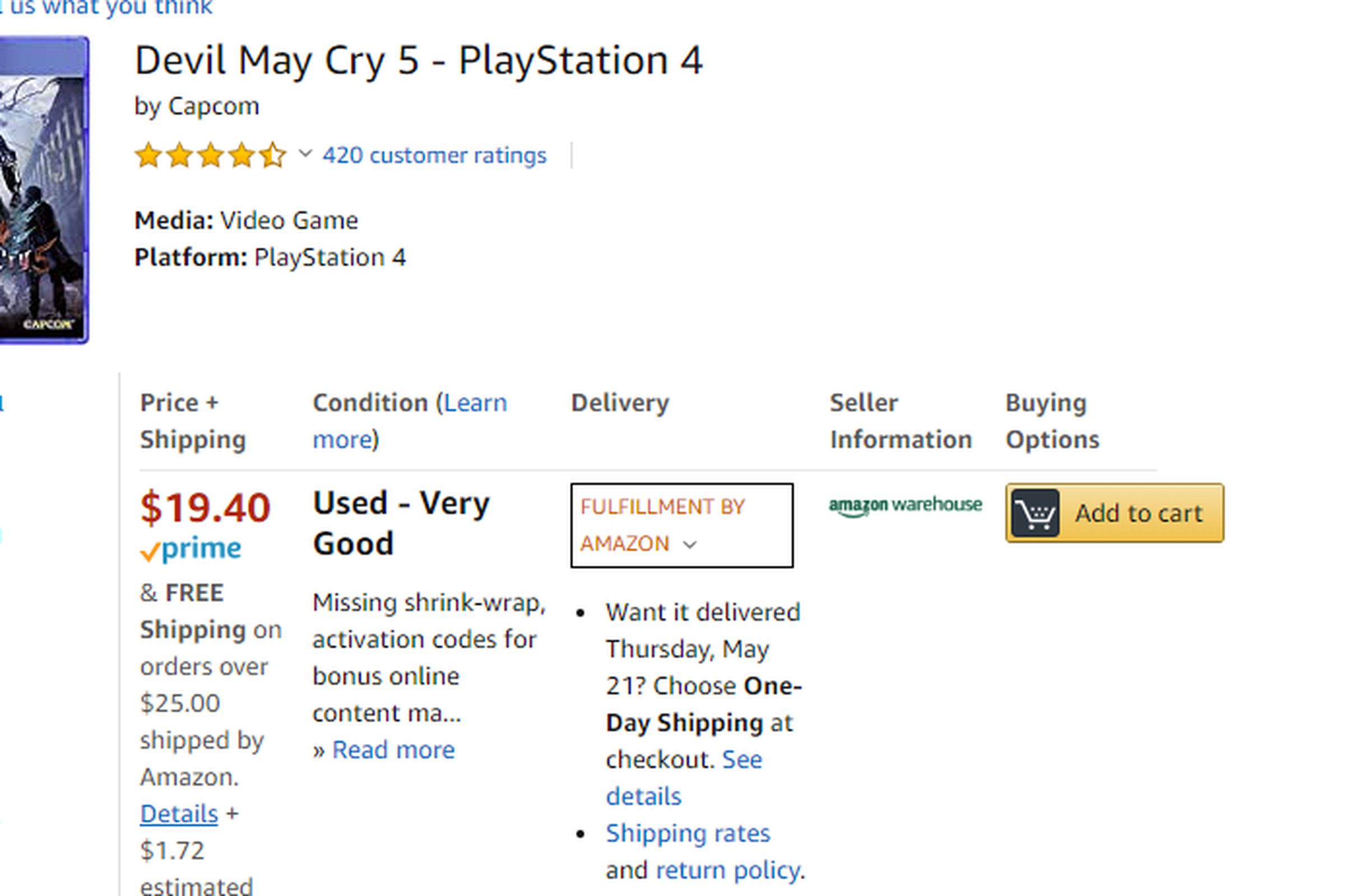 Amazon Warehouse listing for Devil May Cry 5
