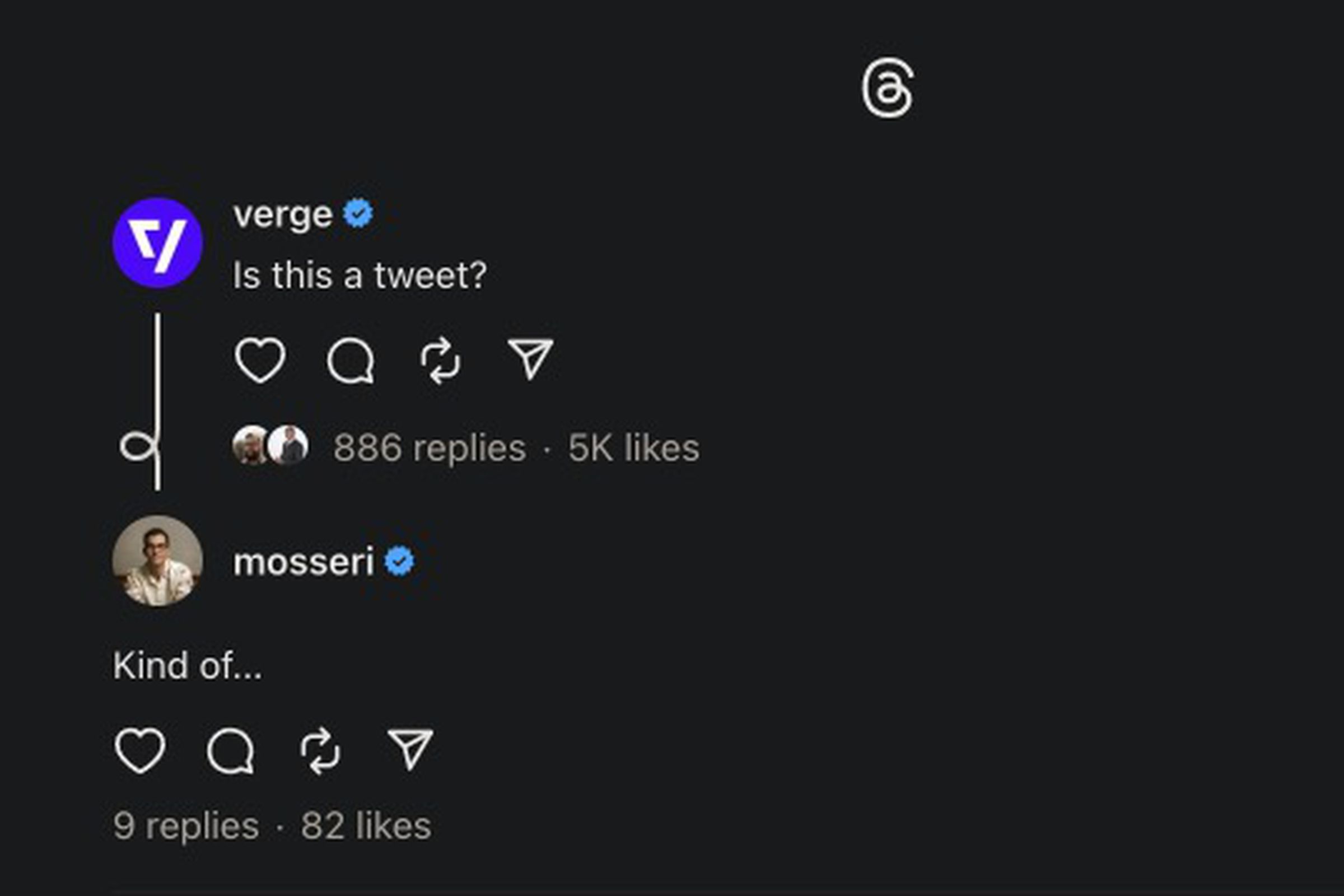 The Verge account asks “is this a tweet?” and Adam Mosseri replies “kind of...”