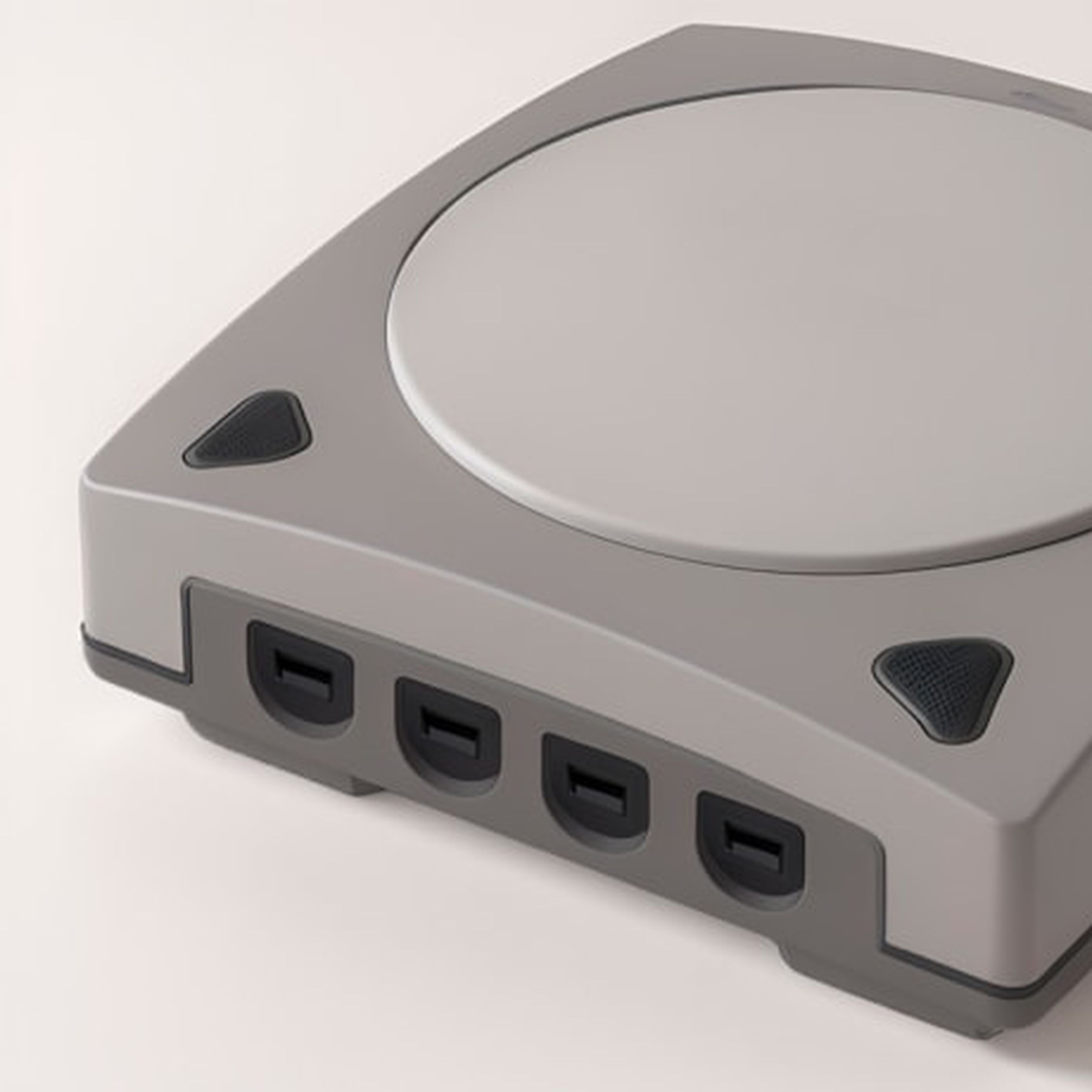 A box shaped like a Sega Dreamcast console, squarish with a domed and rounded top.