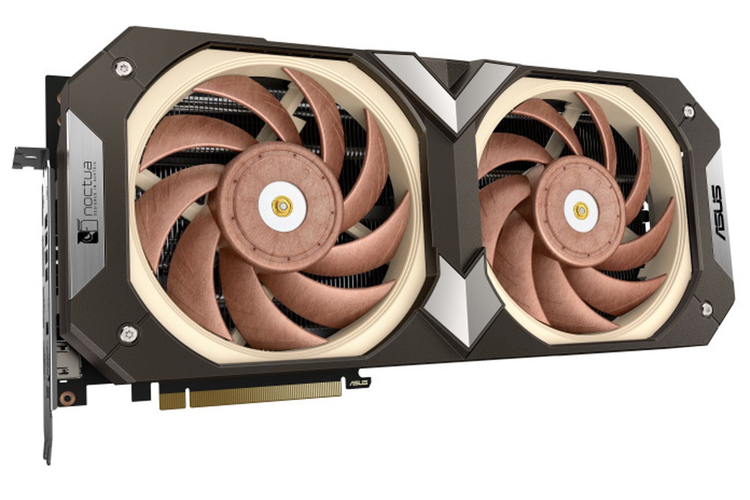 Asus’ RTX 4080 Noctua Edition graphics cards, which features brown and tan colored fans that are a signature of Noctua coolers.