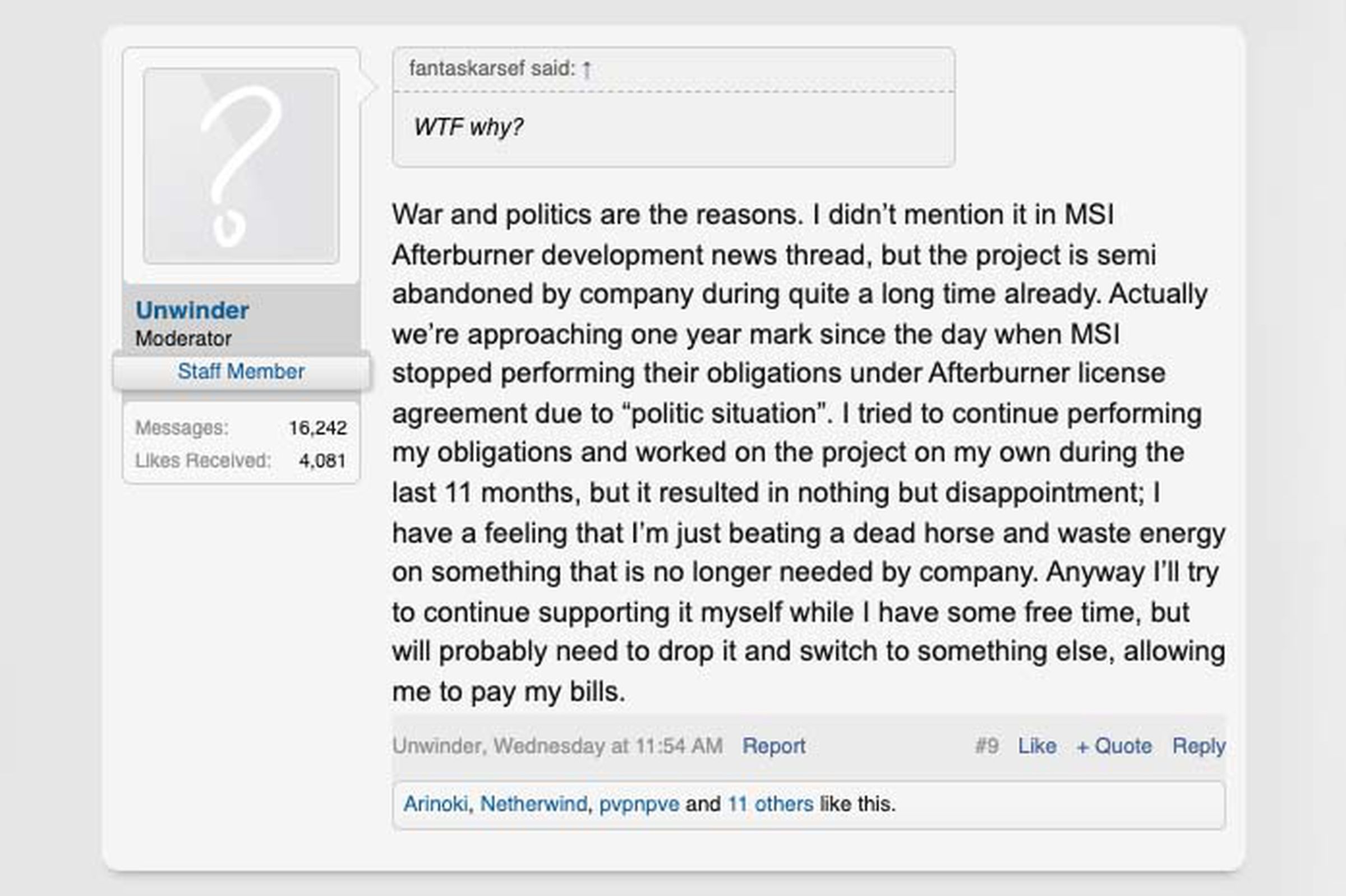 Screenshot of Guru3D forum post.