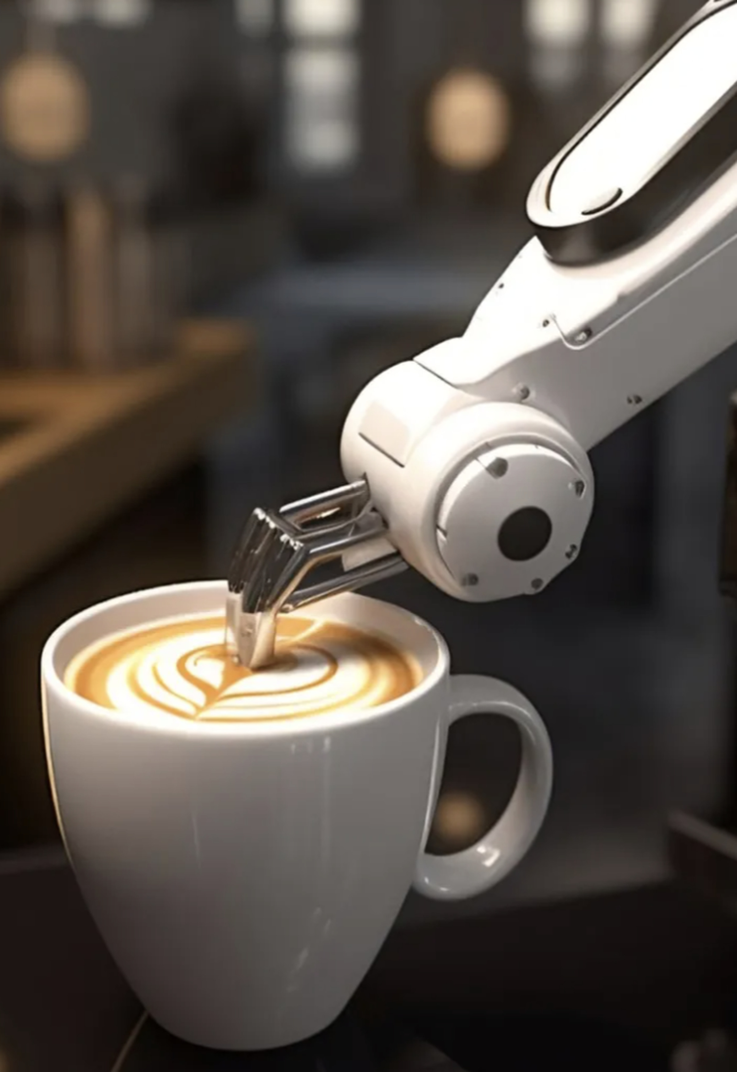 A dispute of a robotic arm dipping its tip into a latte.